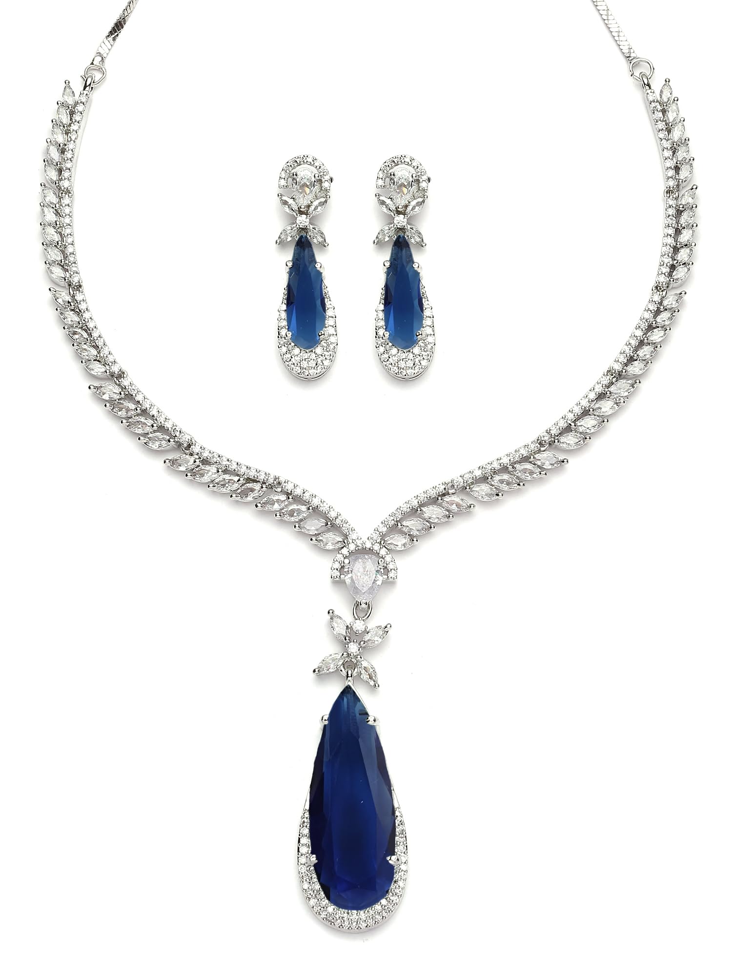 Karatcart Silver Tone Blue Drop Shape American Diamond Studded Jewellery Set for Women
