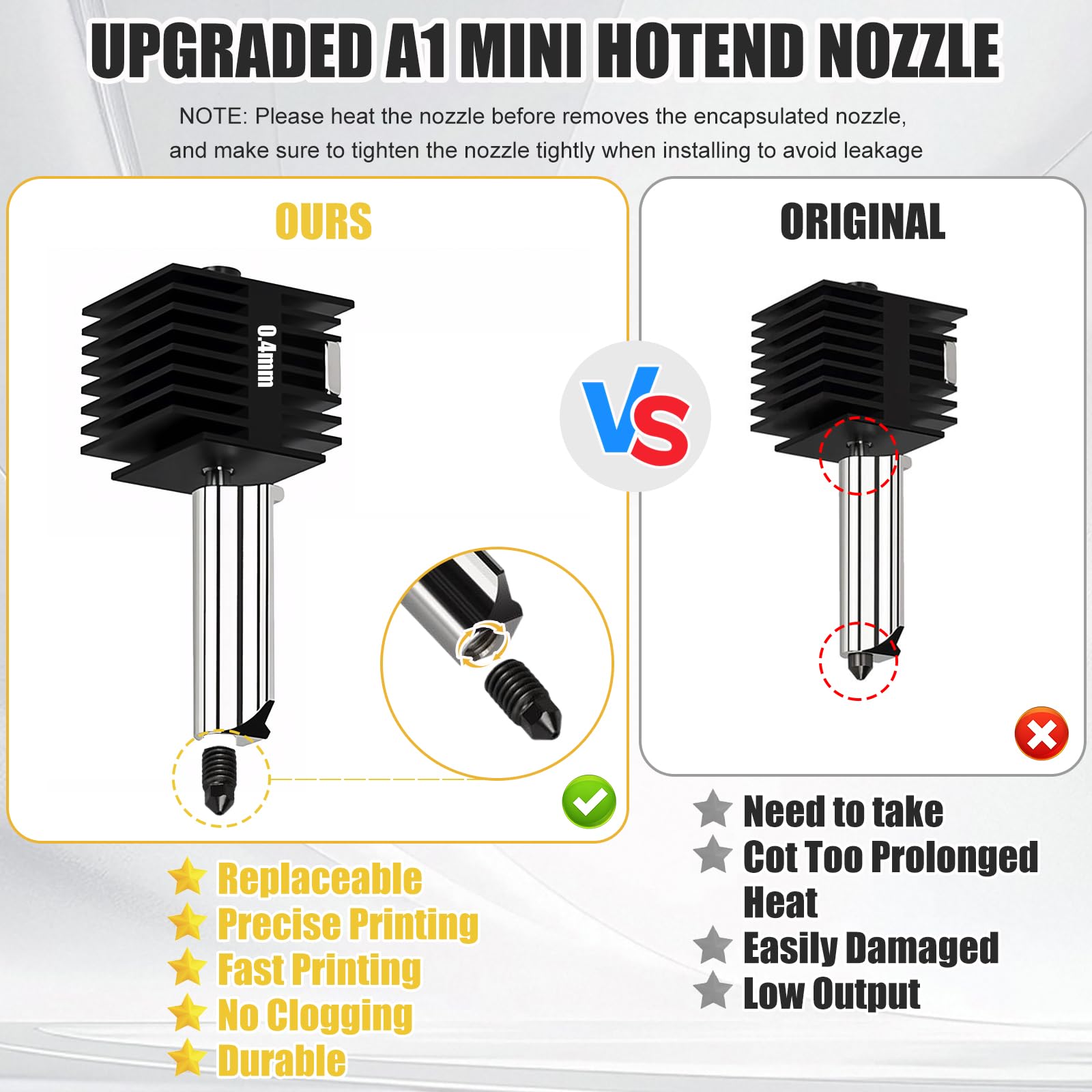 Zestaw ulepszający Hotend dla Bambu Lab A1/A1 Mini, głowica drukarki 3D 0,4 mm, zestaw grzejnika z nagrzewnicą z wymiennymi hartowanymi stalowymi dyszami 0,2 mm/0,6 mm i skarpetkami silikonowymi dla