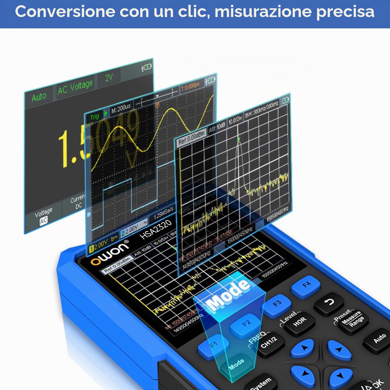 OWON HSA2320 Analizzatore di Spettro 3 in 1 da 9kHz a 3GHz, Oscilloscopio a 200MHz, Multimetro a 4 1/2 Cifre, Frequenza di Campionamento Massima di 1GSa/S, Analizzatore di Spettro Multifunzione
