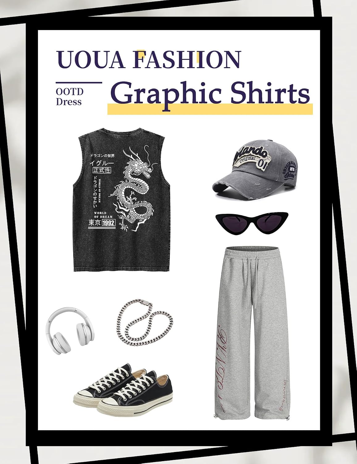 UOUA Men's Graphic Tank Tops Washed Sleeveless Tee Shirts Summer Vintage Cotton Streetwear (S-2XL)