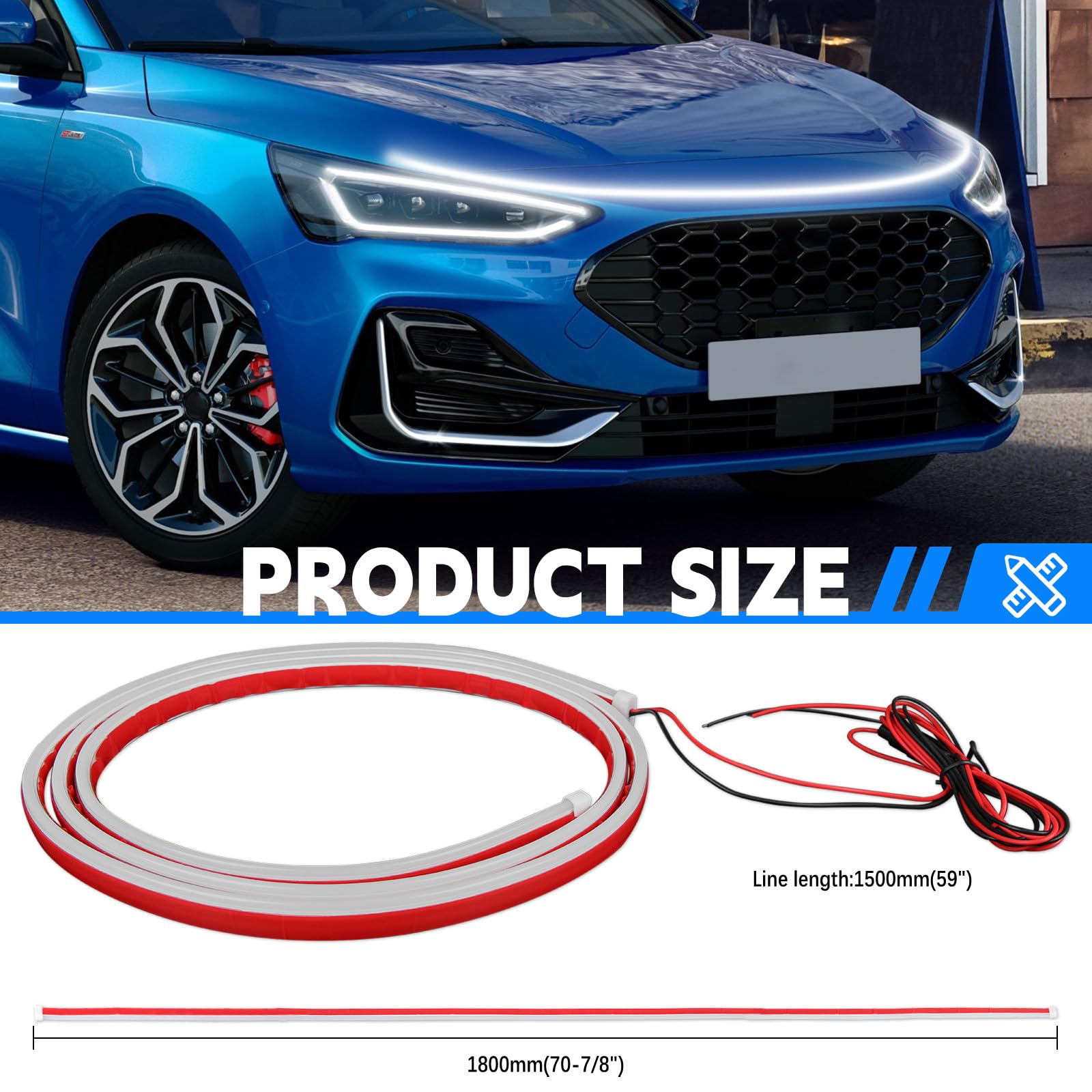 Bande Lumineuse LED Universelle pour Capot de Voiture, 180 cm, 12 V, Flexible, Étanche IP68, Feux de Jour, Balayage Dynamique, pour Voitures, Camions, SUV(Lumière Blanche)
