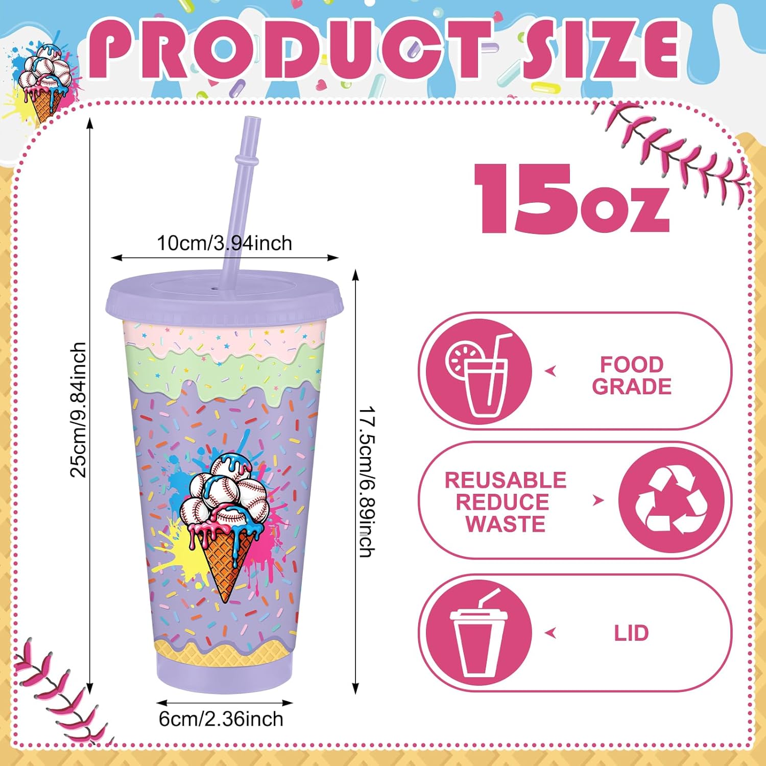 Jingmore 15 Pcs Baseball Ice Cream Drip Cups 24oz Reusable Plastic Respect The Drip Tumblers with Lid and Straws Baseball Drinking Cups for Birthday Party Favors Decoration Supplies