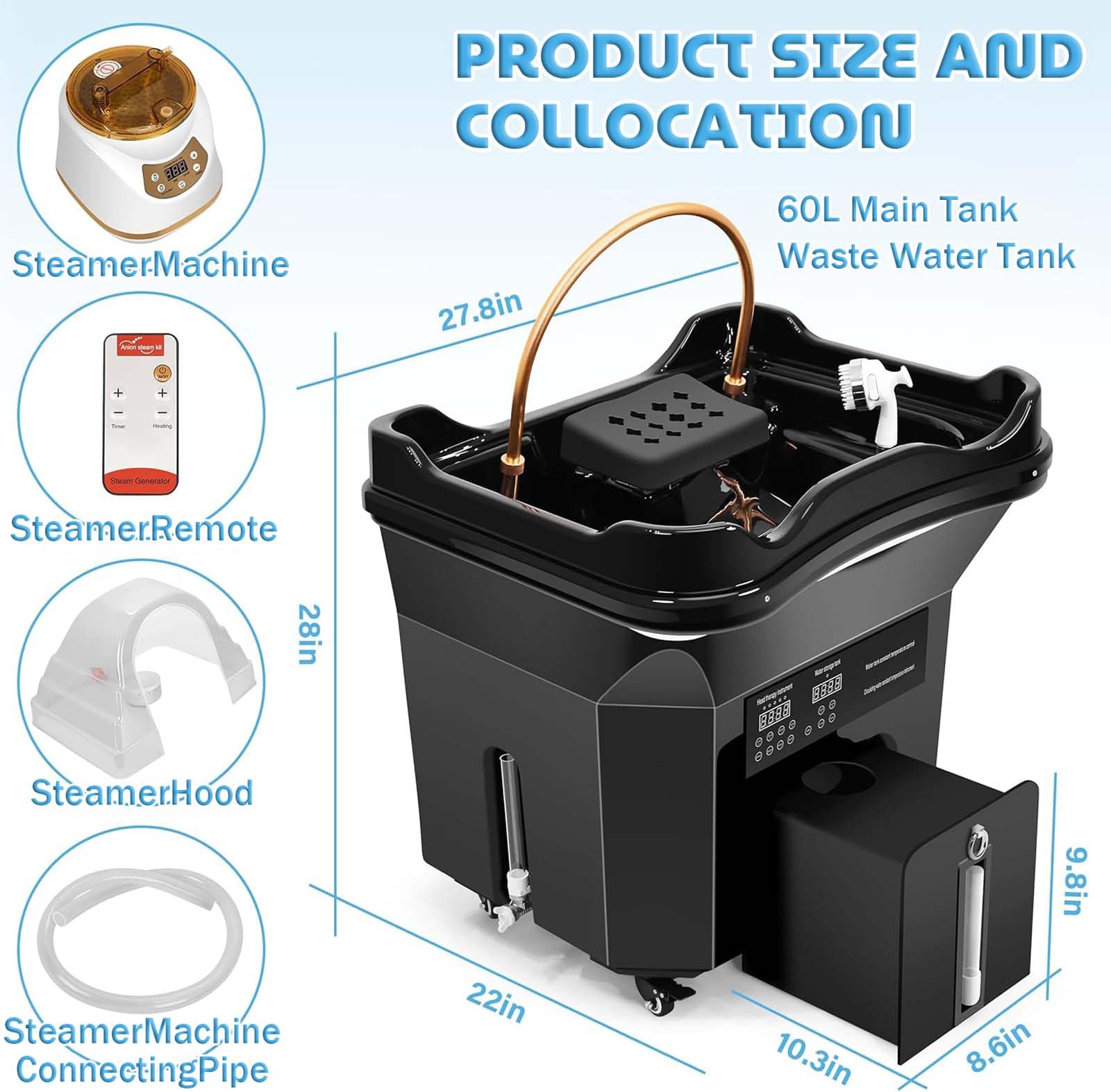 Generico Portatile con Lavabo a Circolazione dell’Acqua, Spa Capelli Giapponese 60L Acqua Pulita + 20L Serbatoio di Scarico, Attrezzatura Mobile con Kit di Fumigazione, Salone e Casa (Black)
