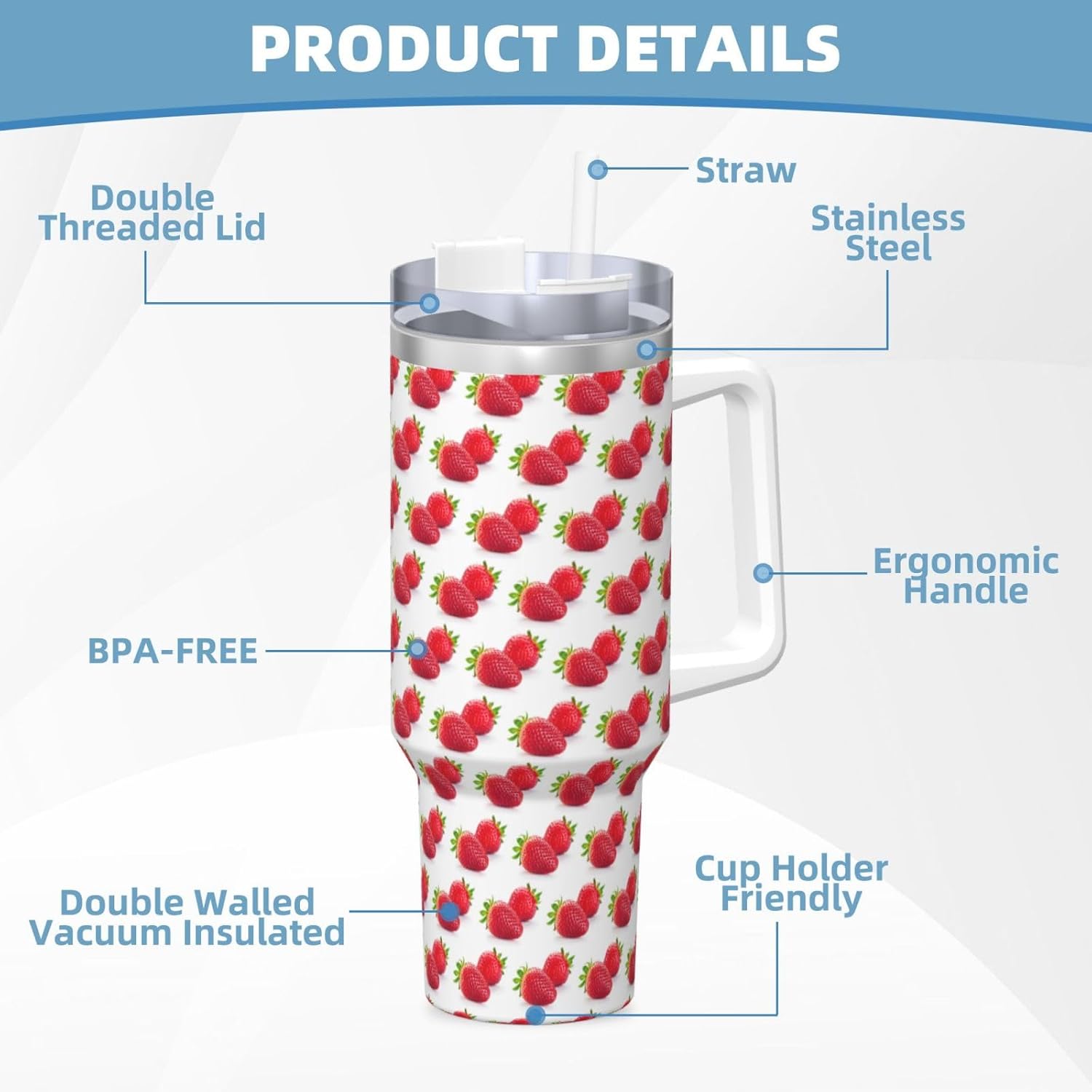 40 OZ Strawberry Print Ice Bully Cup with Handle Straw Lid Straw,Stainless Steel Tumbler Coffee Cup