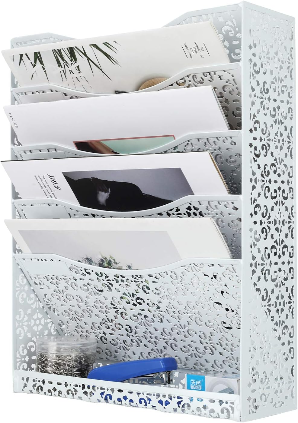 EasyPAG Wall File Holder 5 Tier Vertical Mount/Hanging Organizer with Bottom Flat Tray,White : Office Products