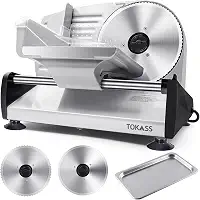 Cortador de carne, fatiador elétrico de 200 W com 2 lâminas removíveis de aço inoxidável de 19 cm e bandeja de aço inoxidável, espessura ajustável para pão de queijo e carne, fácil de limpar, proteção