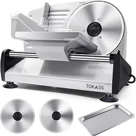 Cortador de carne, fatiador elétrico de 200 W com 2 lâminas removíveis de aço inoxidável de 19 cm e bandeja de aço inoxidável, espessura ajustável para pão de queijo e carne, fácil de limpar, proteção
