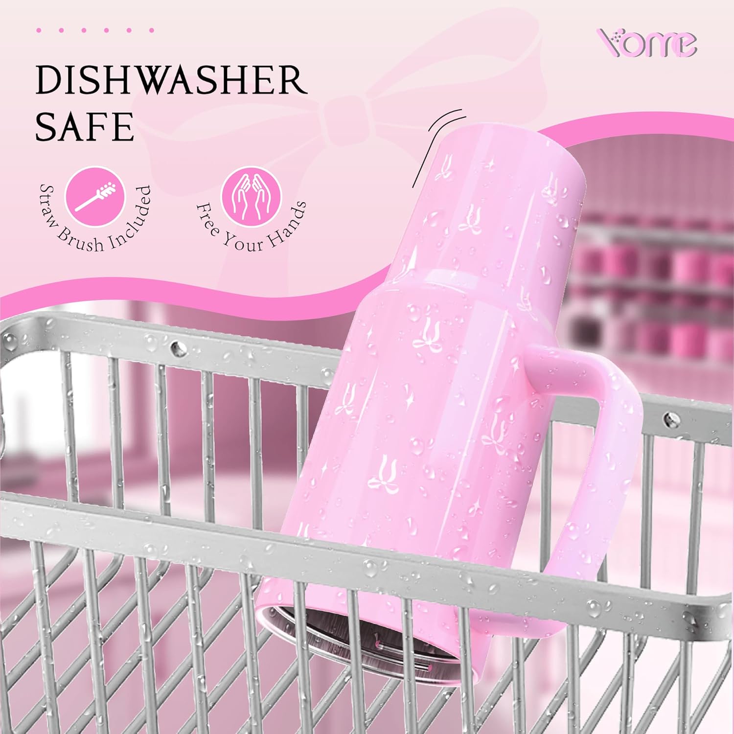 YOME 40 oz Bow Pink Tumbler with Handle and Flip Straw for Women | Stainless Steel Insulated Water Bottle | Keeps Drinks Cold | Dishwasher Safe | Cupholder Friendly | Gift Gym Travel Yoga - Image 7