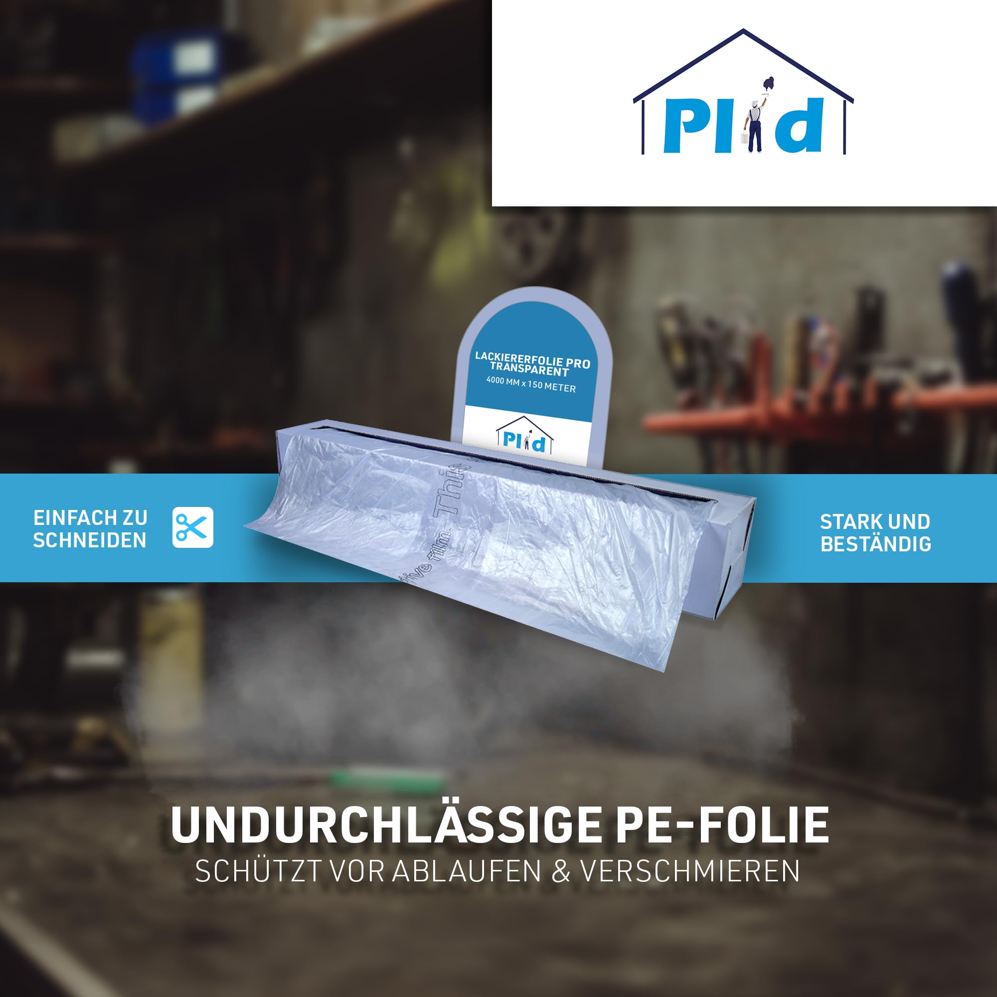 Plid® Lackiererfolie PRO 4m x 150m Transparent Schutzfolie | Abdeckfolie, Karosserieschutz, Undurchlässig, Einfache Anwendung, Starke Haftung