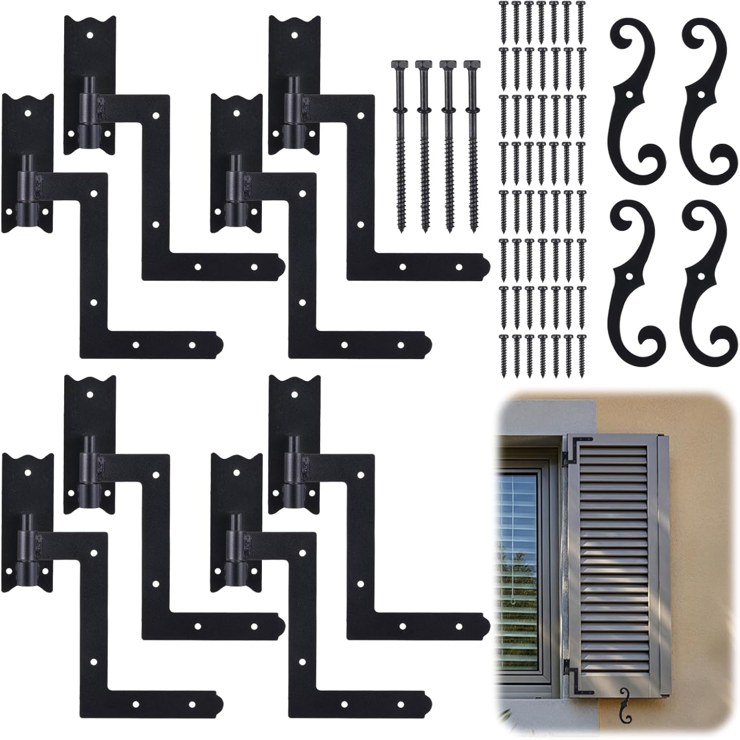 MorningRo Black Shutter Hinges and S Holdback Hooks with Attachment Hardware Metal 6.5" Shutter Dog Holders and 1-1/16" Blind Shutters Hinges for Heavy Duty Wood Frame, Brick, Doors, Window(2 Set)