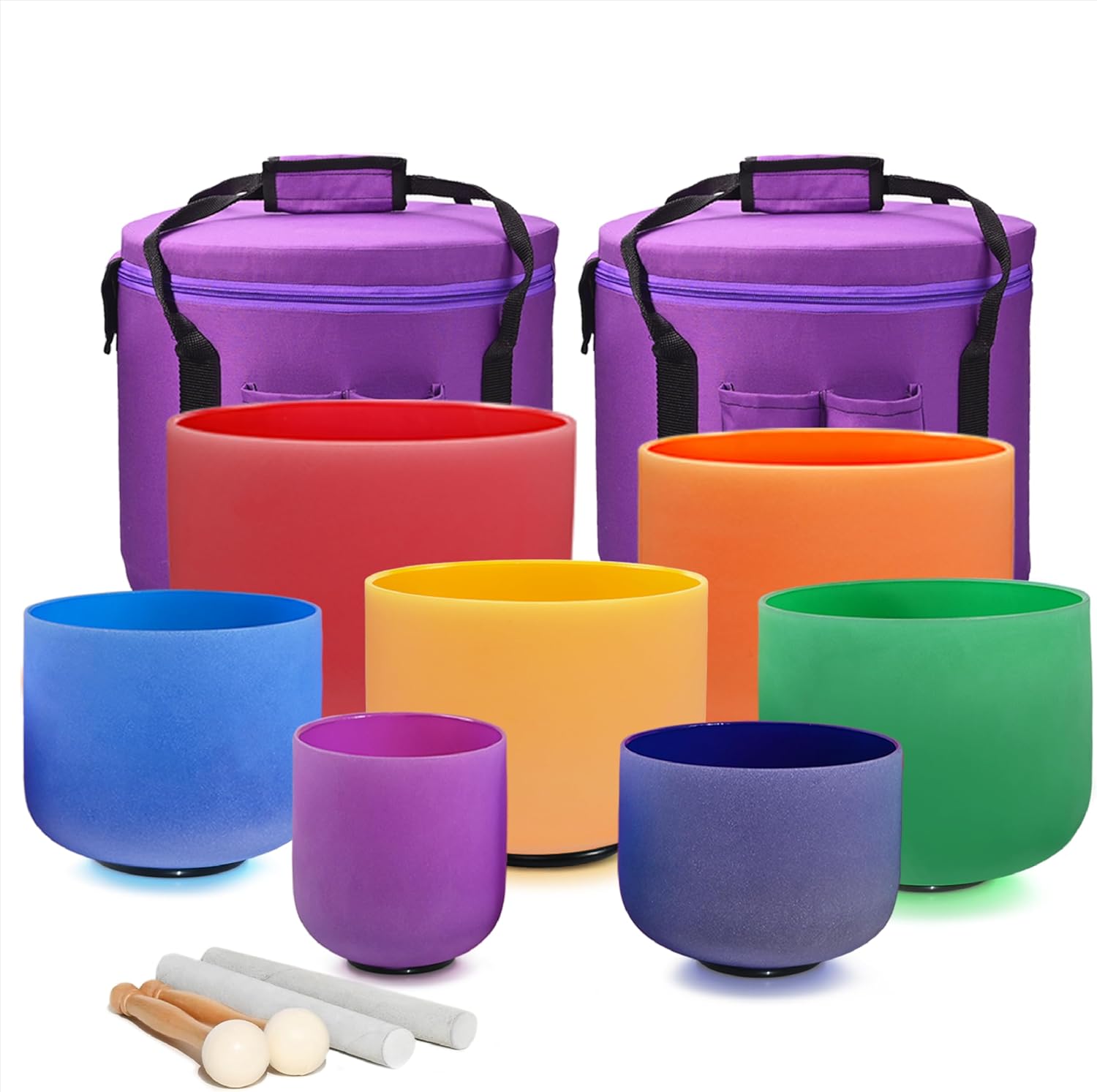432HZ 6''-12'' Set of 7 Colored Crystal Singing Bowl Set Crystal Sound Healing Frosted Chakra Quartz bowls with 2 Case Bags and Rubber Mallets