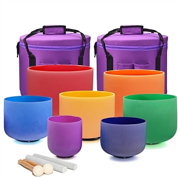 432HZ Crystal Singing Bowl Set, 6-12, Set of 7, Colored | Frosted Chakra Quartz, Sound Healing, Includes 2 Case Bags, Includes Rubber Mallets