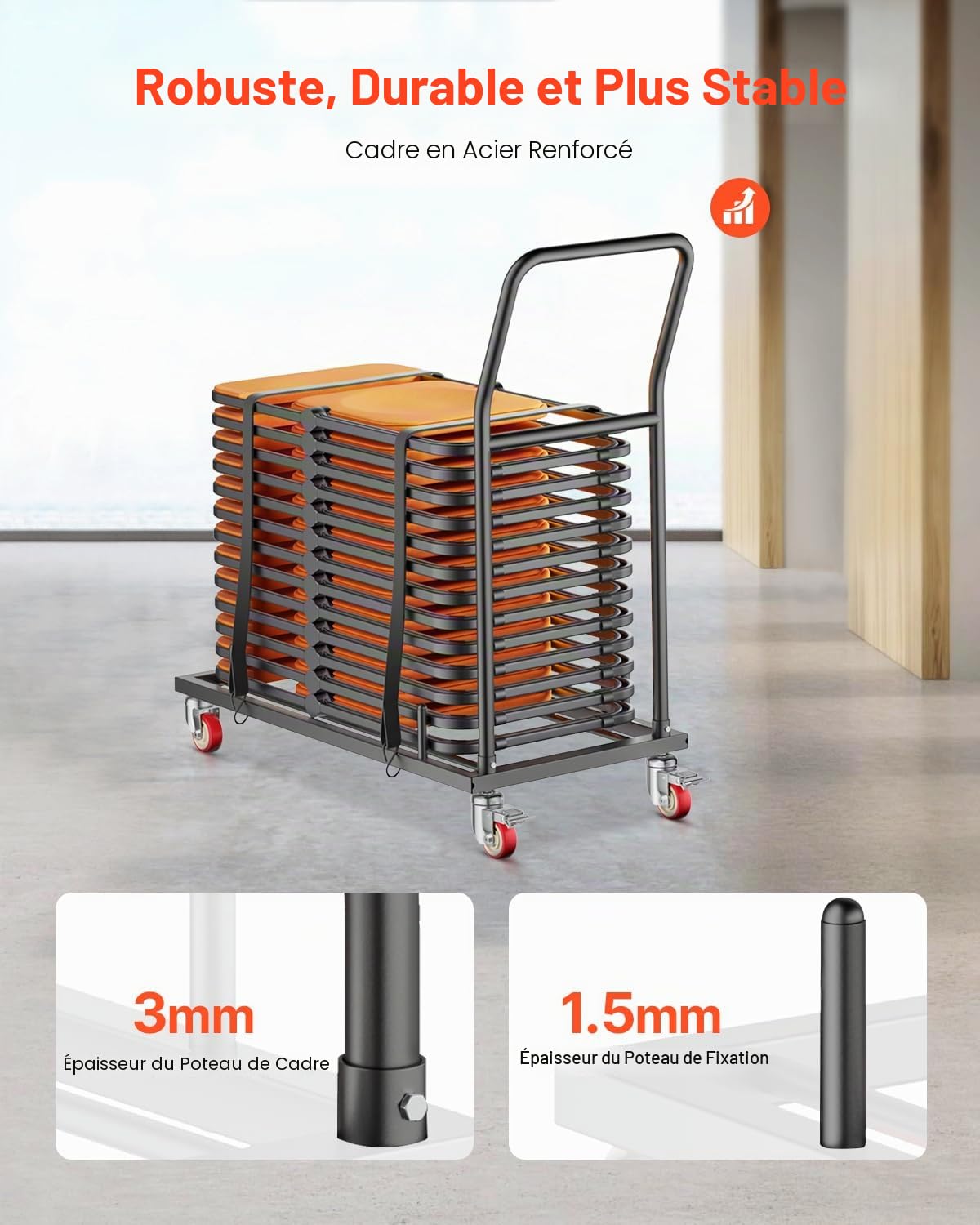 VEVOR Chariot de Chaise Pliante, Capacité de Charge 136 kg, Support en Métal Robuste pour 25 Chaises, Organiseur de Rangement Horizontal Forme en L avec roulettes 360°, pour Salle à Manger, Noir Mat