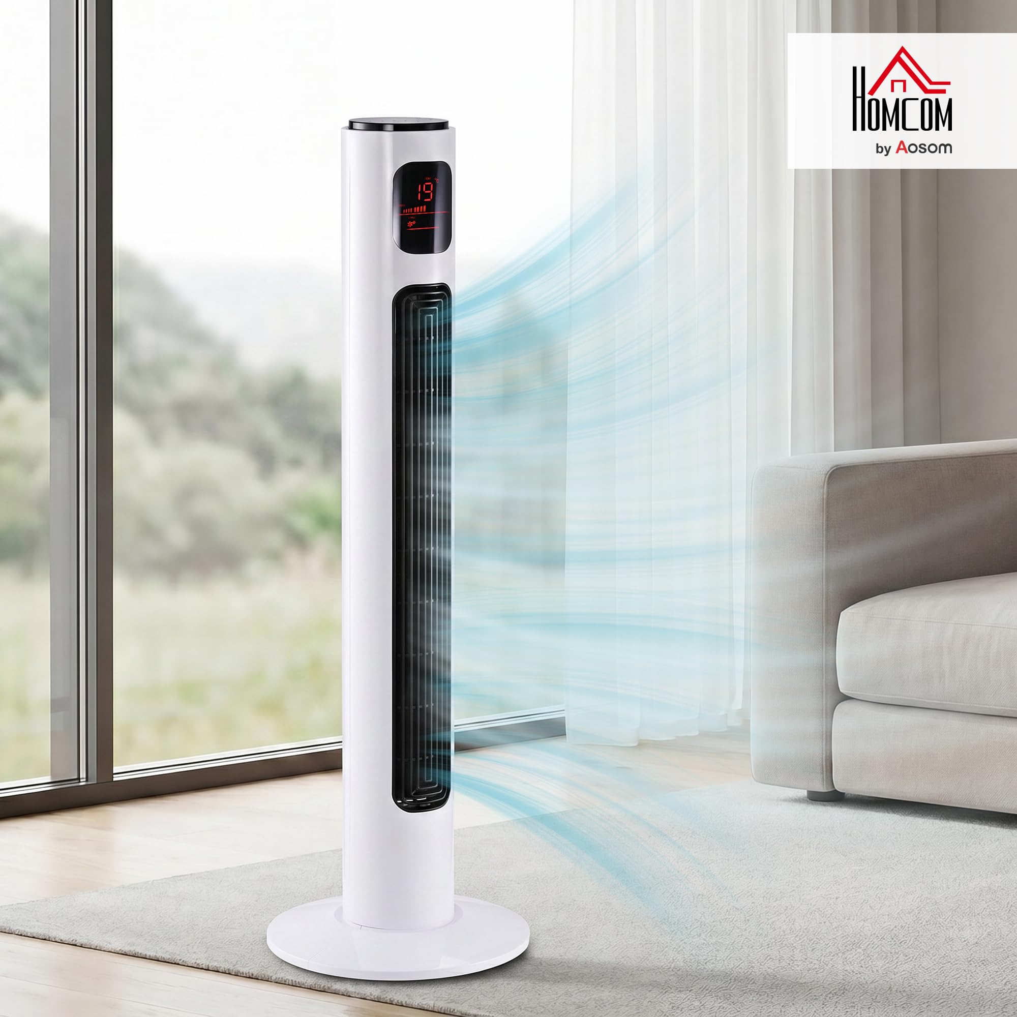 HOMCOM Ventilateur Colonne Silencieux 45 W, Ventilateur Tour pour Chambre avec 3 Modes 3 Vitesses, télécommande, oscillant 70°, minuterie et Affichage LED, 96 cm Blanc