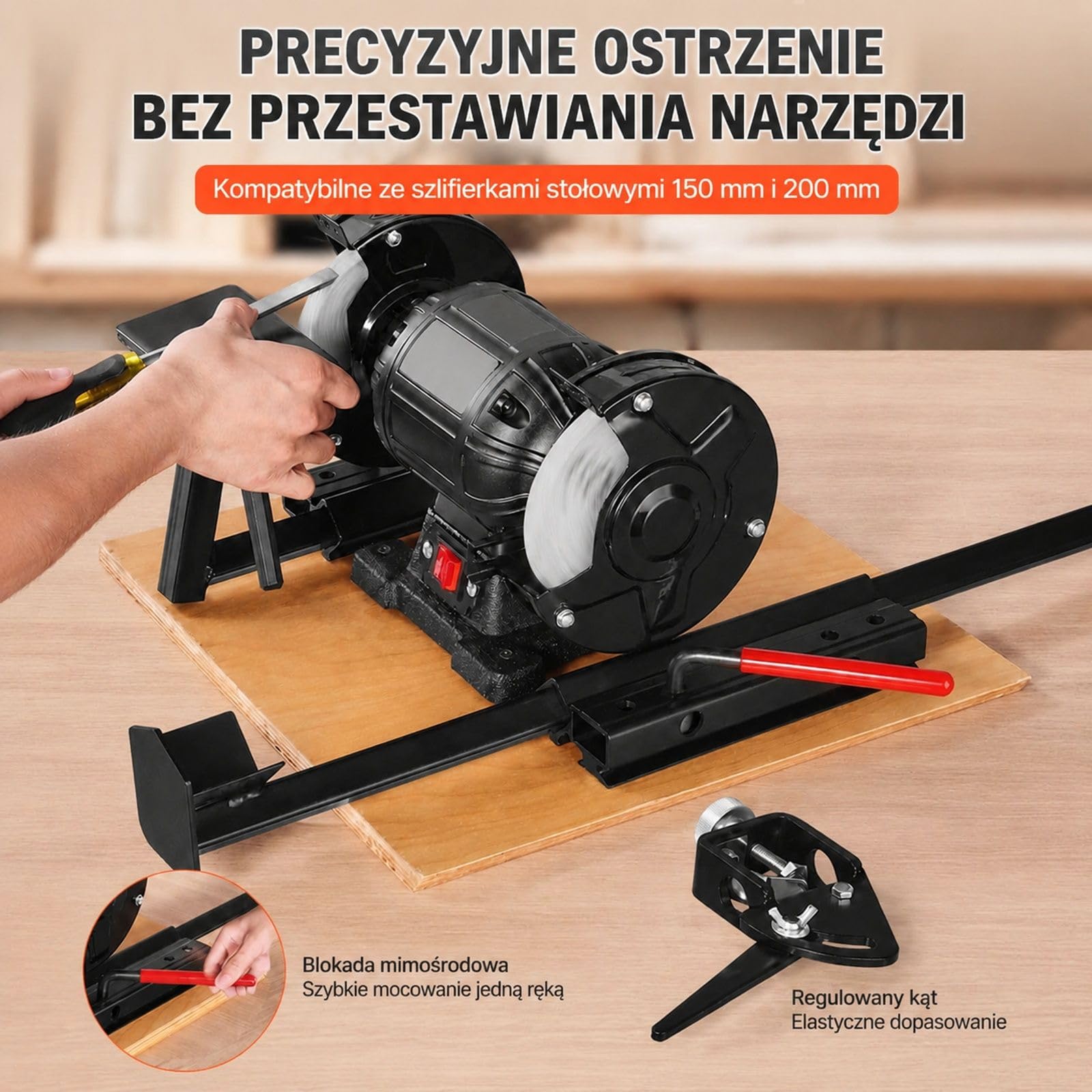 Przyrząd do ostrzenia na szlifierkę stołową z platformą i długim prętem podporowym do dłut, żłobaków, noży strugarskich, rzeźbienia, toczenia drewna
