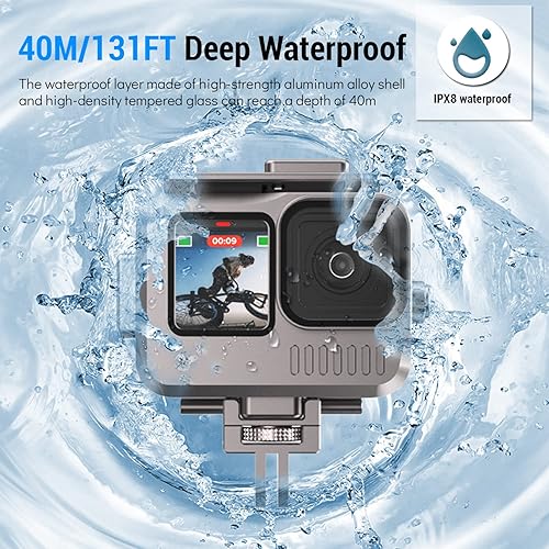 Miniatura 2 de Funda impermeable de aluminio para GoPro Hero 12/11/10/9 Negro, protectora 131FTUnderwater Dive Housing Shell con 2 Cold Shoe para GoPro Hero