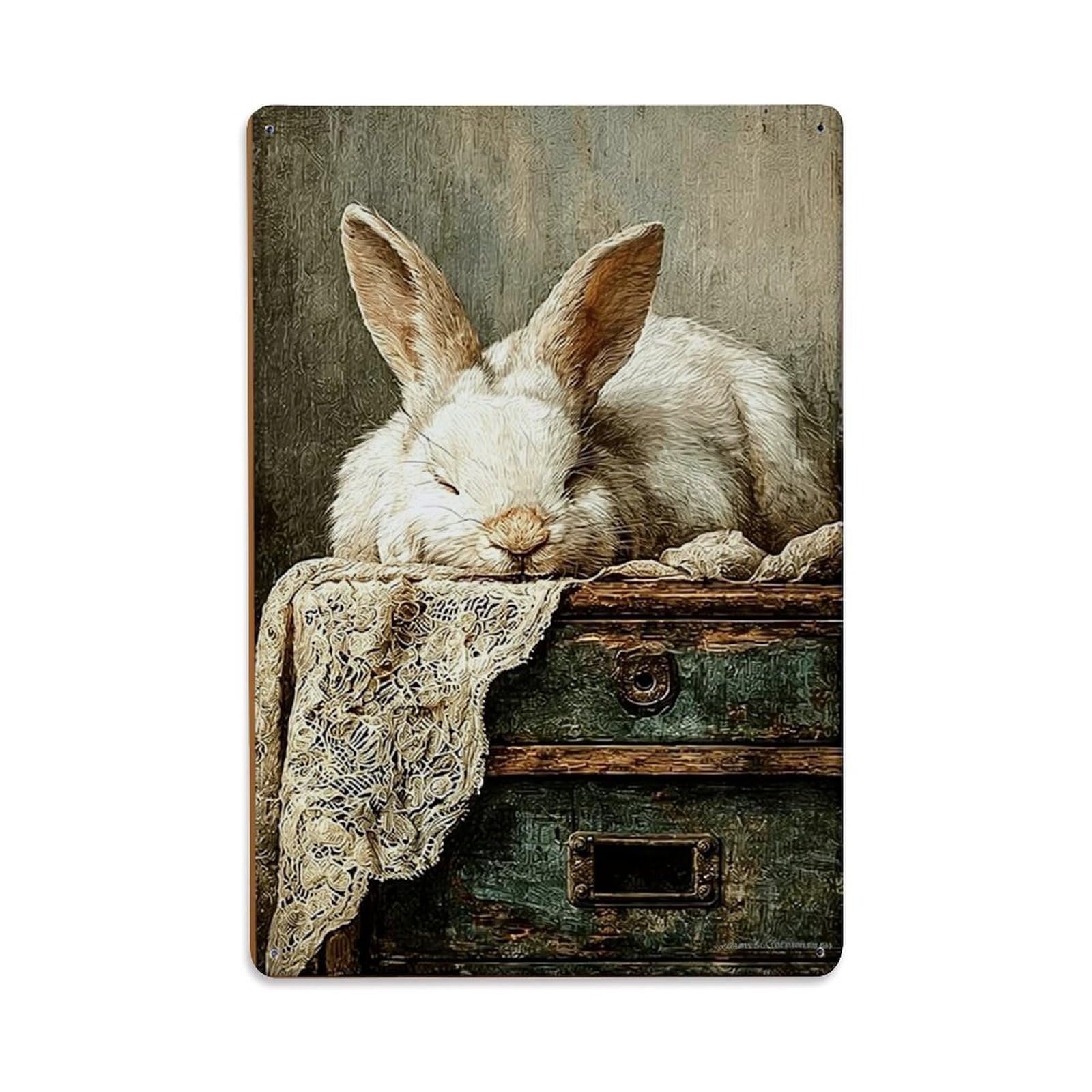 Jdfenggu Vintage Sleeping Rabbit On Drawer Retro Metal Tin Sign, Metal Poster For Bar, Home, Man Cave, Kitchen, Laundry Room Art Decor 8X12 Inch