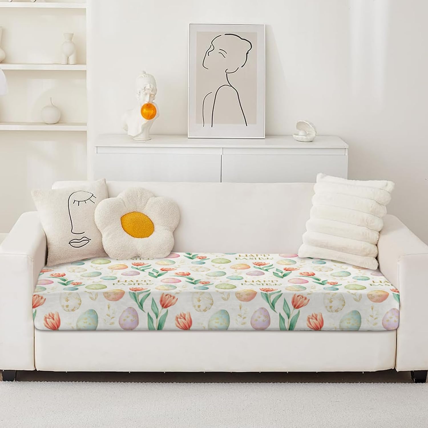 Spring Easter Egg Tulip Loveseat Covers Couch Covers for 2 Cushion Couch, 2-Piece Stretch Sofa Slipcovers Anti-Slip Washable Furniture Protectors for Dogs Pets