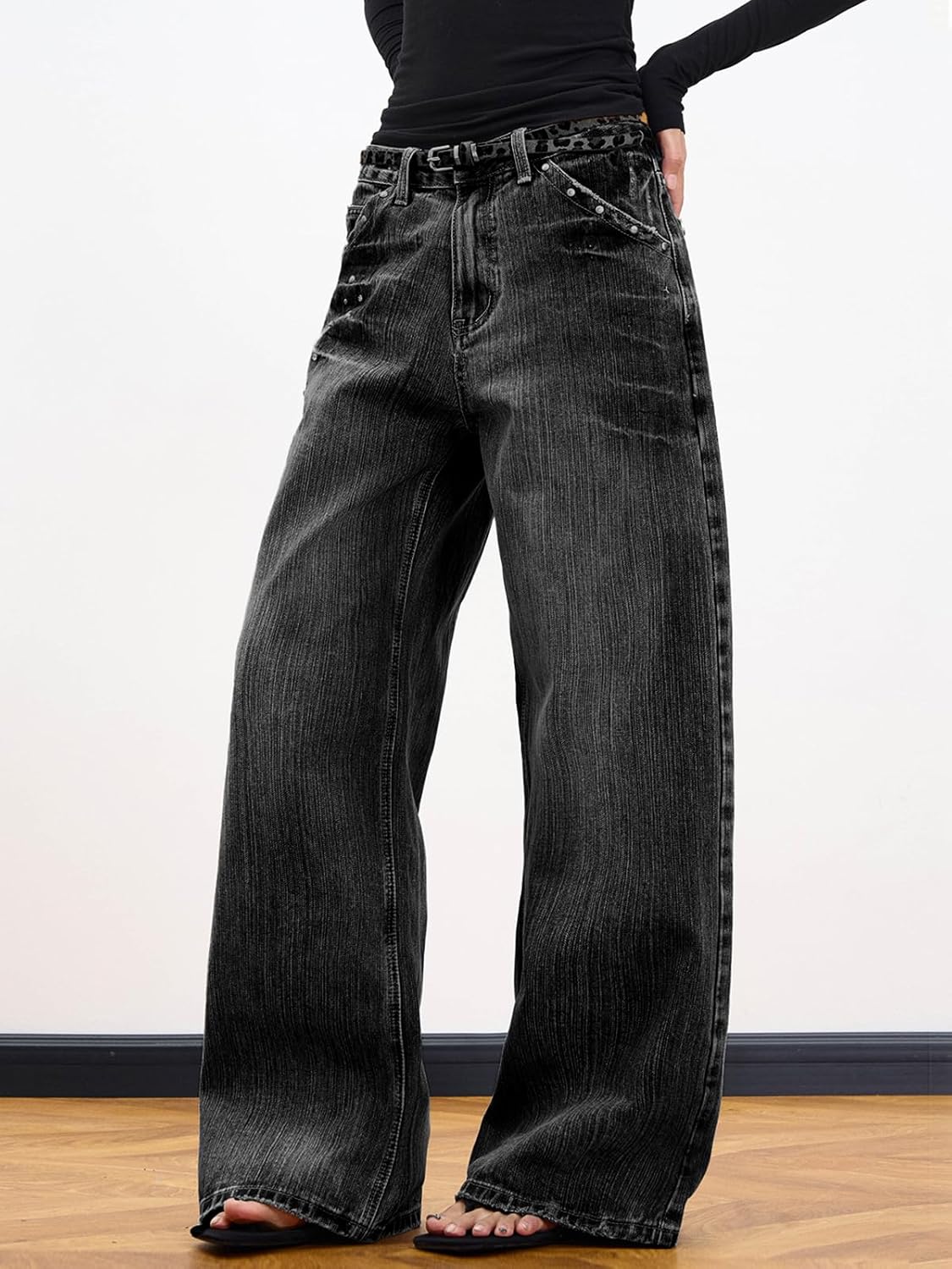 EMMIOL 2026 Women’s Mid High Waisted Wide Leg Jeans Rivet Y2K Baggy Jeans Trendy Loose Straight Denim Pants with Pockets - Image 3