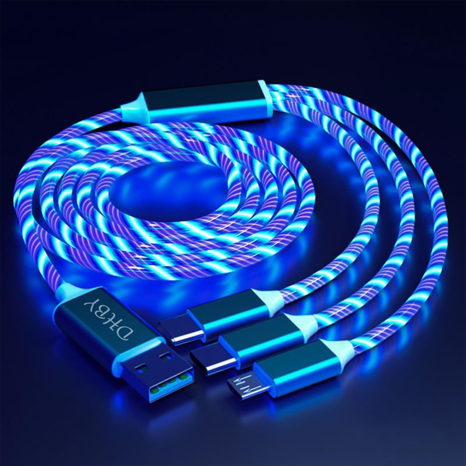 Câble de charge rapide à 3 ports USB A vers micro USB/type C PD - Courant LED - Compatible avec la plupart des appareils - 99 cm - Bleu