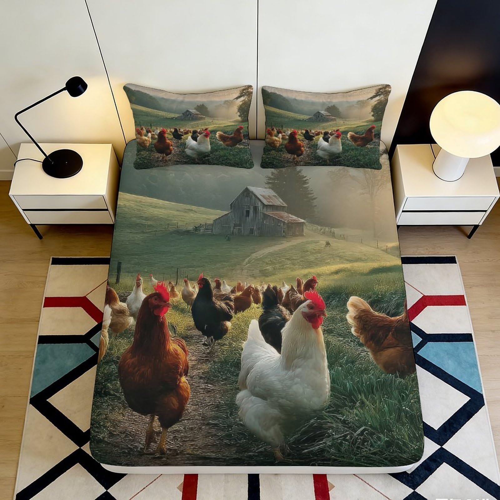 3D Printed Chicken Farm Fitted Sheet Microfiber Soft Breathable Countryside Hen Bed Cover for Bedroom Dorm Decor 90x200x25cm