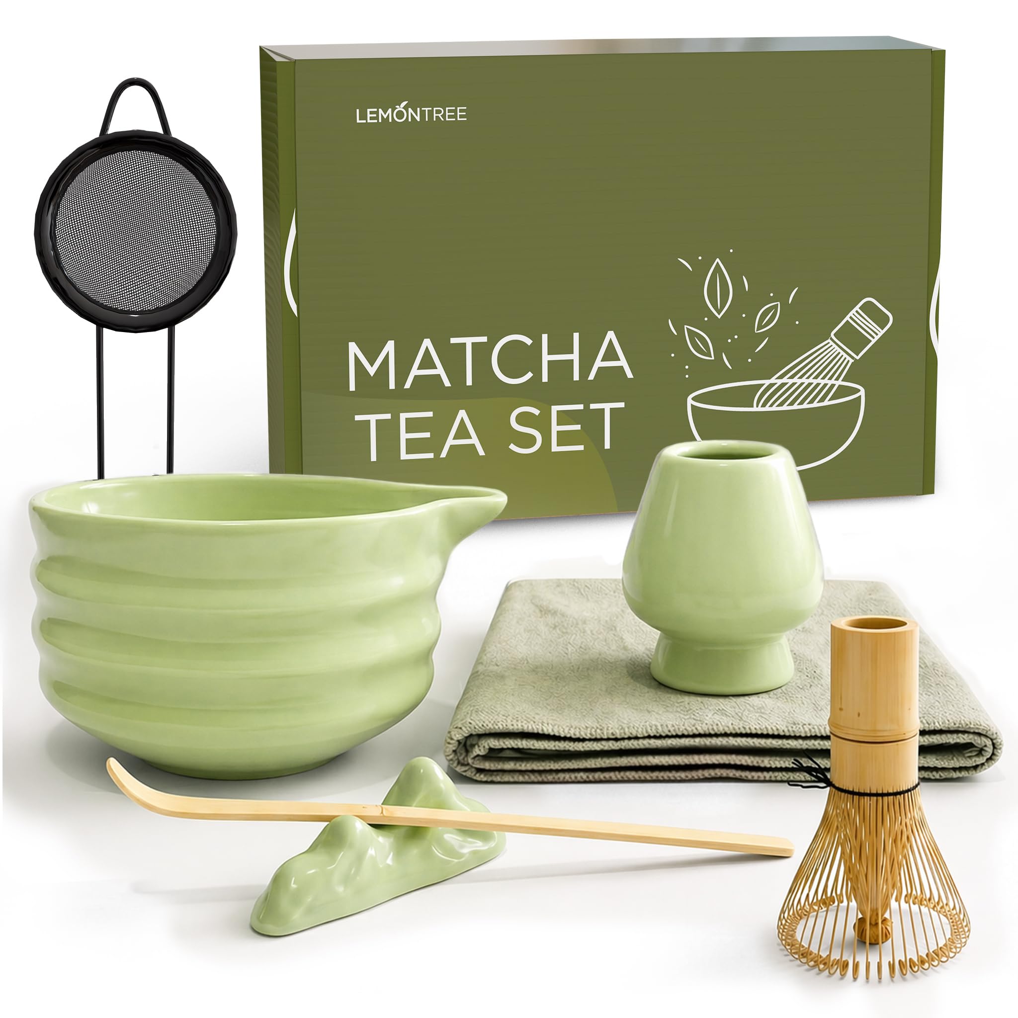 Lemontree Matcha Set - 7-teiliges Matcha Tee Set mit Bambus Besen, Keramik Schale, Matcha Löffel & Sieb - Lebensmittelecht, Spülmaschinenfest, Geschenkbox - Für Matcha-Liebhaber, Matcha Zubehör Set
