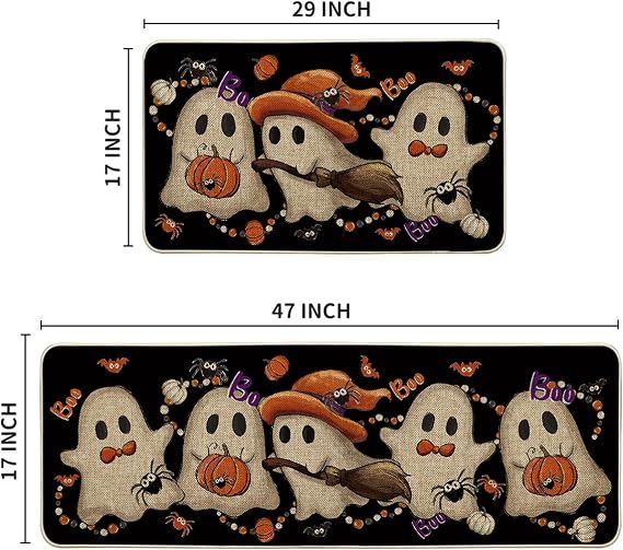 Artoid Mode Cute Ghost Boo Halloween Kitchen Mats Set of 2-17x29+17x47 | Low-Profile Floor Switch Mat for Indoor Outdoor