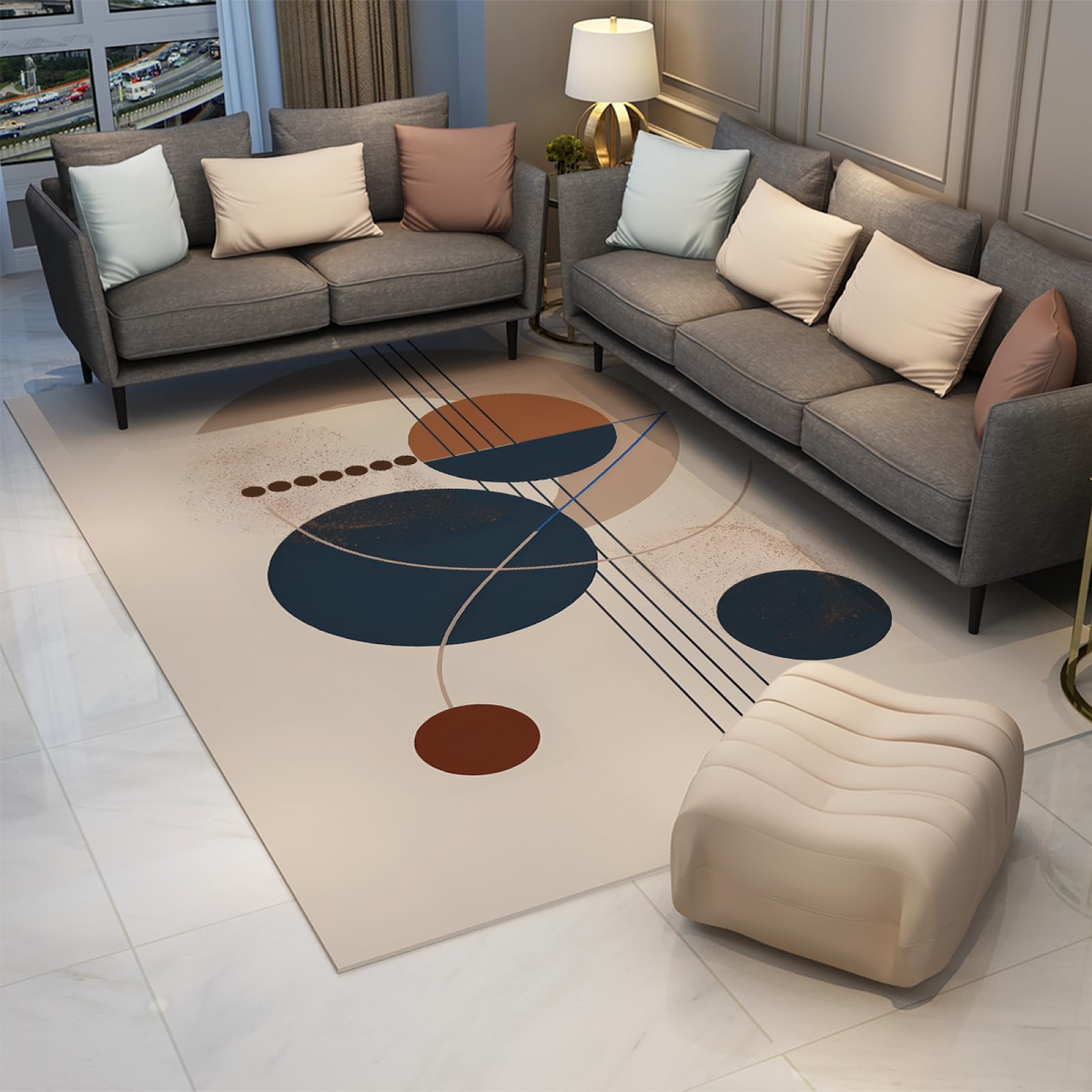 Beżowe dywaniki do salonu, okrągłe linie, geometryczny dywan do jadalni, ultracienki, można prać w pralce, dywanik kuchenny z gumowym spodem, 150 x 200 cm