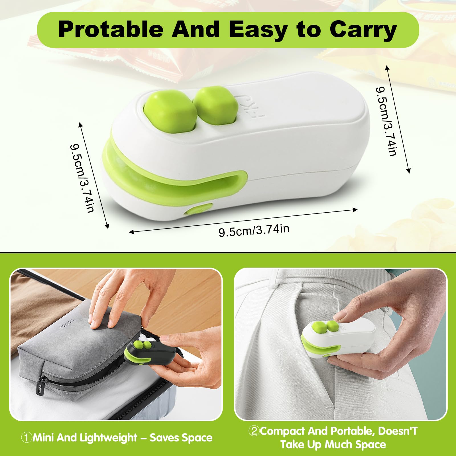 Mini sellador de bolsas, sellador de bolsas 2 en 1 actualizado 2025, sellador de bolsas de mano recargable con cortador e imán para aperitivos, bolsas de plástico, almacenamiento de alimentos, viajes