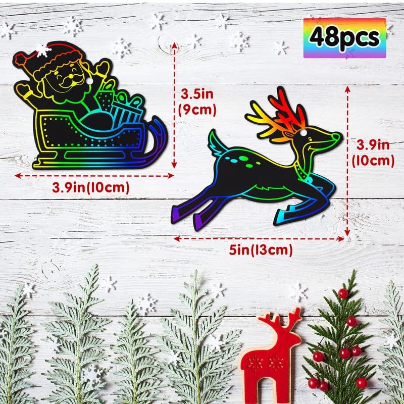 Miniatura 2 de Mocoosy 48 Piezas Adornos de Arte para Rascar de Navidad, Kit de Manualidades de Navidad a Granel para Rellenos de Calcetines de Niños, Tarjetas de