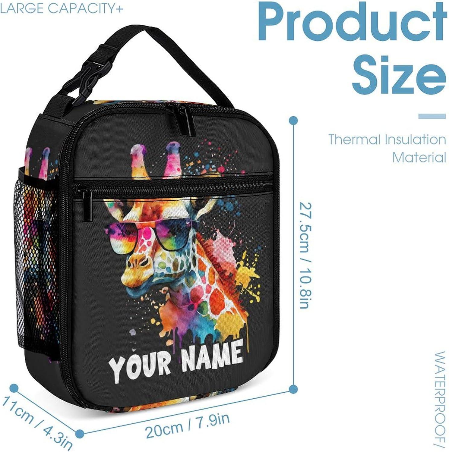 Custom Giraffe Backpack with Lunch Box & Pencil Case, 16 Inch Cute Giraffes Themed Bookbag, Adjustable Lightweight Large Capacity, Colorful Daily Casual Backpacks Set with Lunch Bag