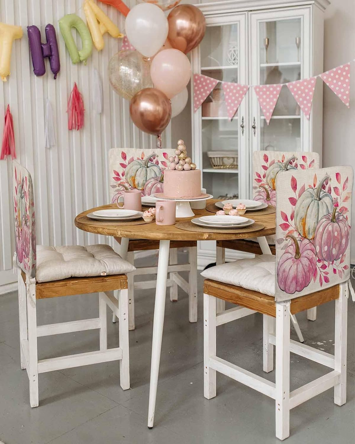 Gray Pink Pumpkins Fall Chair Covers for Dining Room, Thanksgiving Eucalyptus Leaves Linen Polyester Back Protector, Rustic Beige 4 Pcs Dining Chair Decor, 20 x 19 In