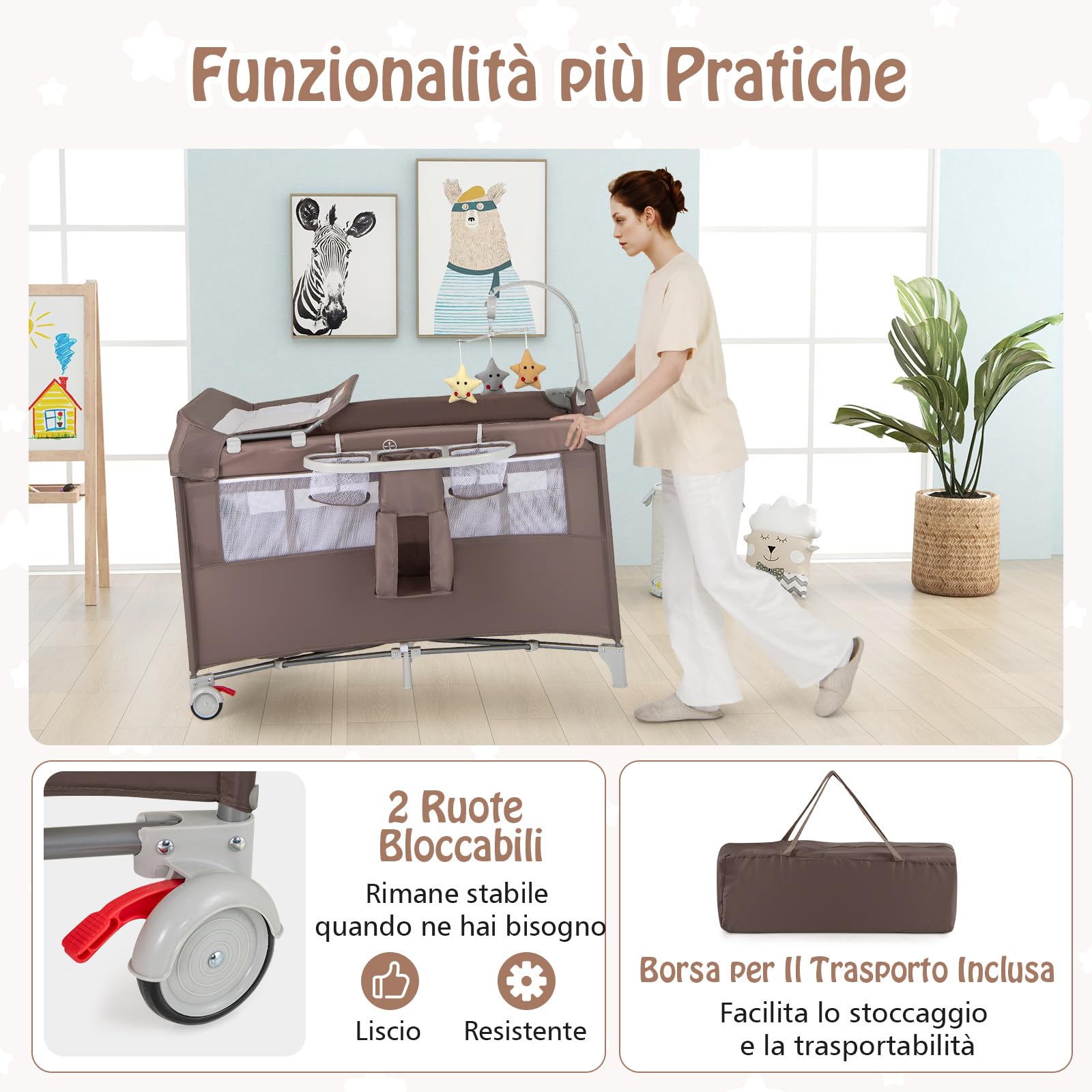 RELAX4LIFE 5 in 1 Lettino da Campeggio per Bambini, Culla Neonato con Fasciatoio e Cingia Fissagio, Carillon e 3 Giocattoli Appesi, Adatto a Bambini da 0-36 Mesi (Marrone)