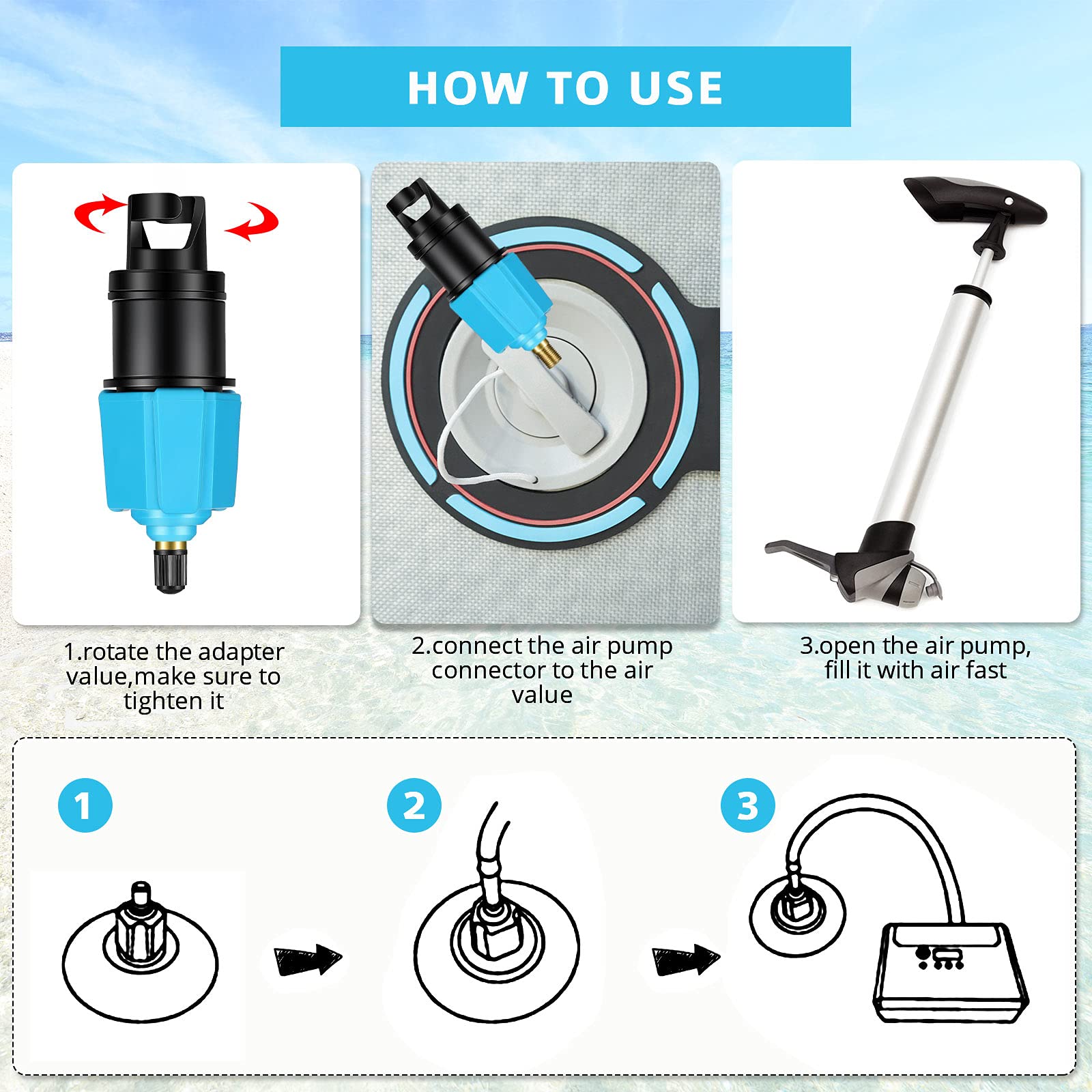 2 Pieces Inflatable SUP Pump Adaptor with 4 Air Valve Converter, Multifunction SUP Valve Adapter Air Valve Nozzles Compressor Air Valve Converter for Inflatable Boat Stand Up Paddle Board (Blue)