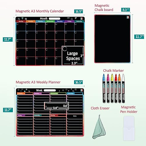 Miniatura 2 de Juego de 3 pizarras de borrado en seco para refrigerador, 1 calendario mensual de borrado en seco, 1 calendario semanal de pizarra magnética,