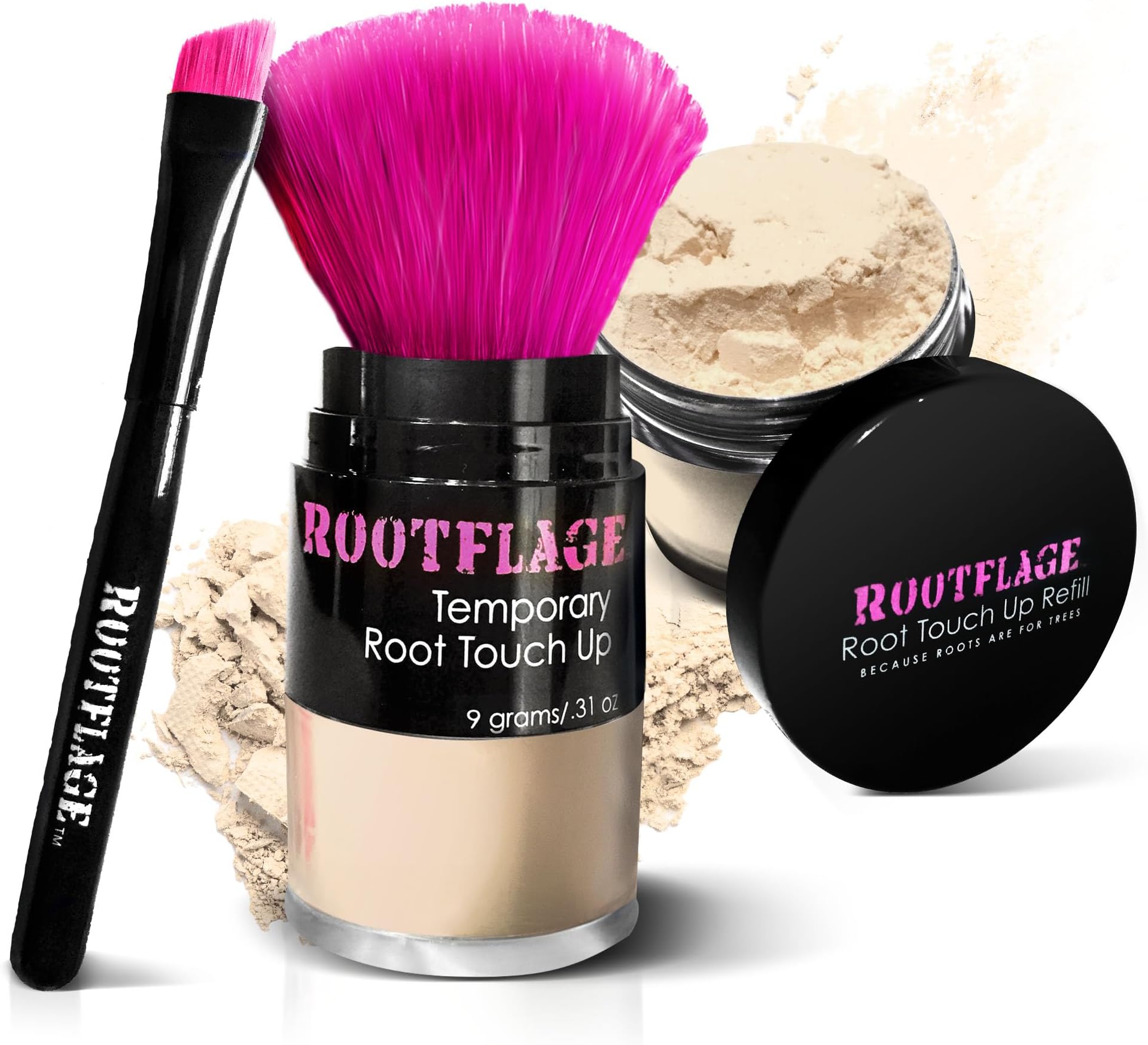 Root Touch Up Hair Powder - Temporary Hair Color, Root Concealer, Thinning Hair Powder with Kabuki Applicator 31 oz + Rootflage Refill 31 oz + Small Detail Brush (COOL BLONDE)