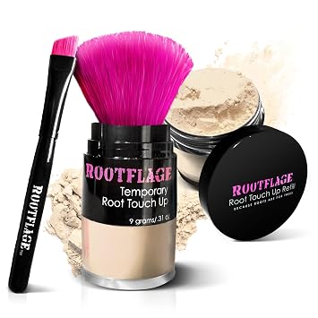Rootflage Root Touch Up Hair Powder - Temporary Hair Color, Root Concealer, Thinning Hair Powder with Kabuki Applicator 31 oz + Rootflage Refill 31 oz + Small Detail Brush COOL BLONDE