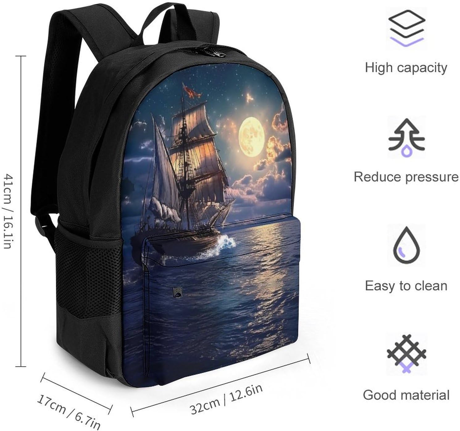 Boat Seascape And Moon in The Sky Laptop Backpack for Men Women Fashion Computer Bag Business Travel Daypack
