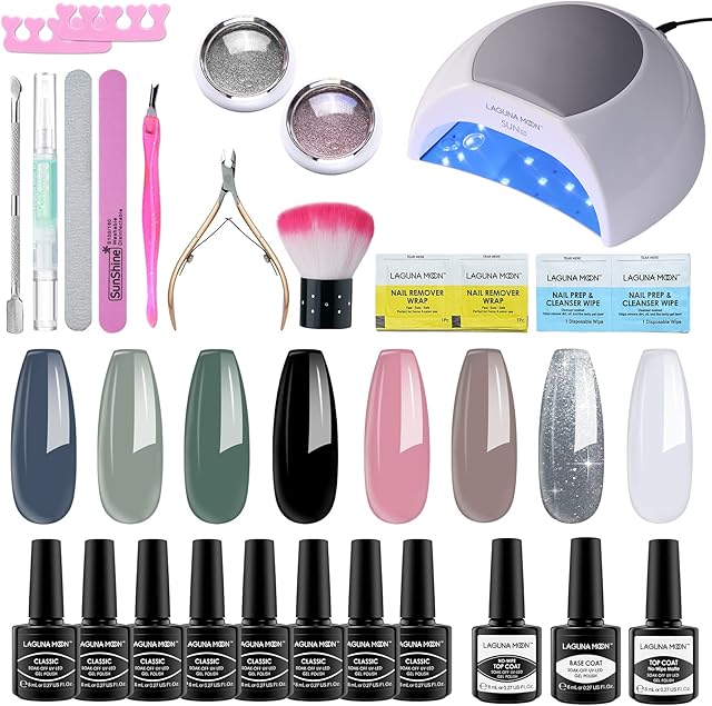 Lagunamoon Gel Nail Polishes Set with 48W UV LED Nail Lamp,8 Colours 8ml Gel Polish Starter Kit with No Wipe Top Coat and Base Coat,with Nail Cleanser and Remover for DIY at Home or Salon Use