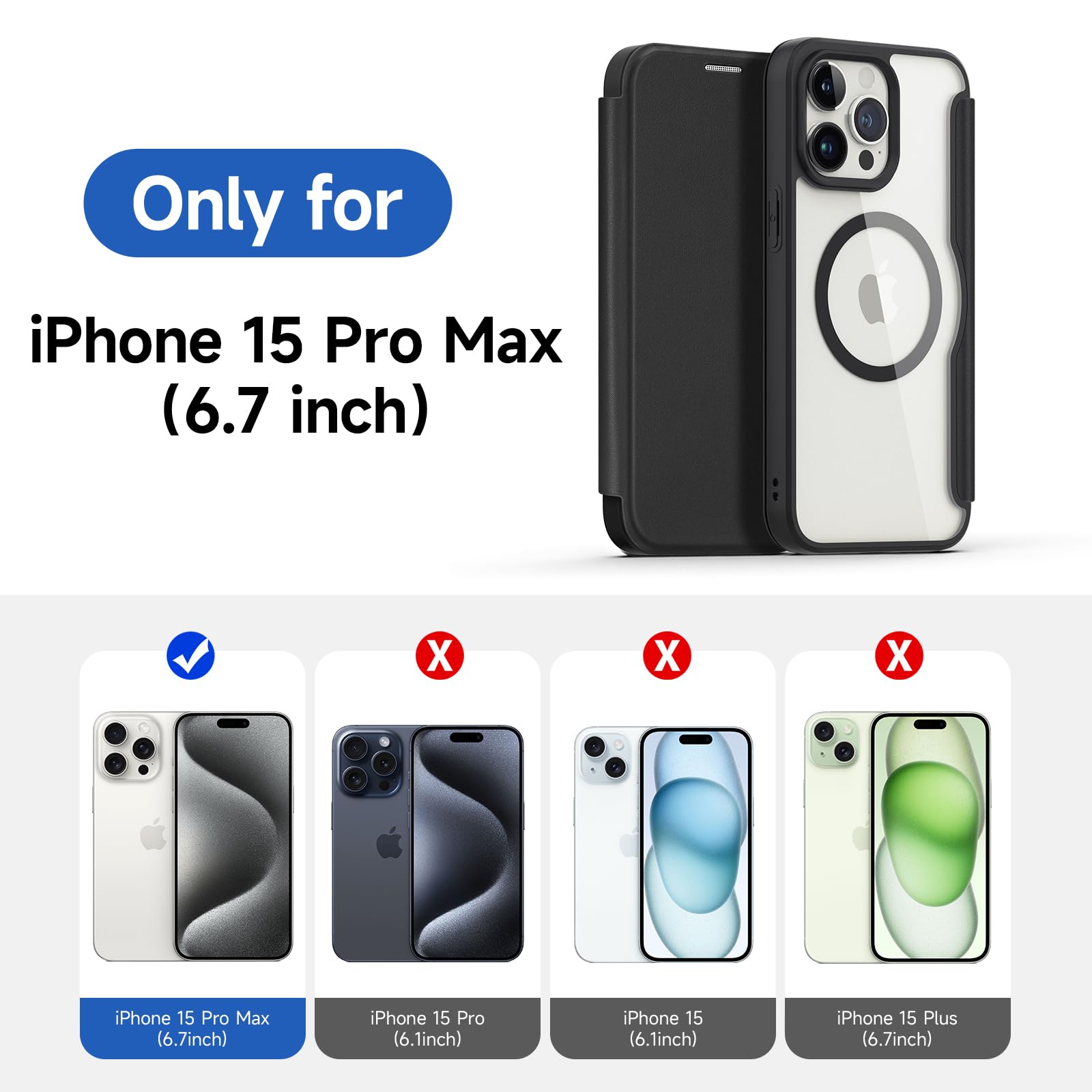 DUX DUCIS Custodia Magnetica per iPhone 15 Pro Max, [Compatibile MagSafe] Custodia a Portafoglio in Pelle di Alta Qualità con Blocco RFID, Custodia Trasparente Antiurto per Apple iPhone 15 Pro Max