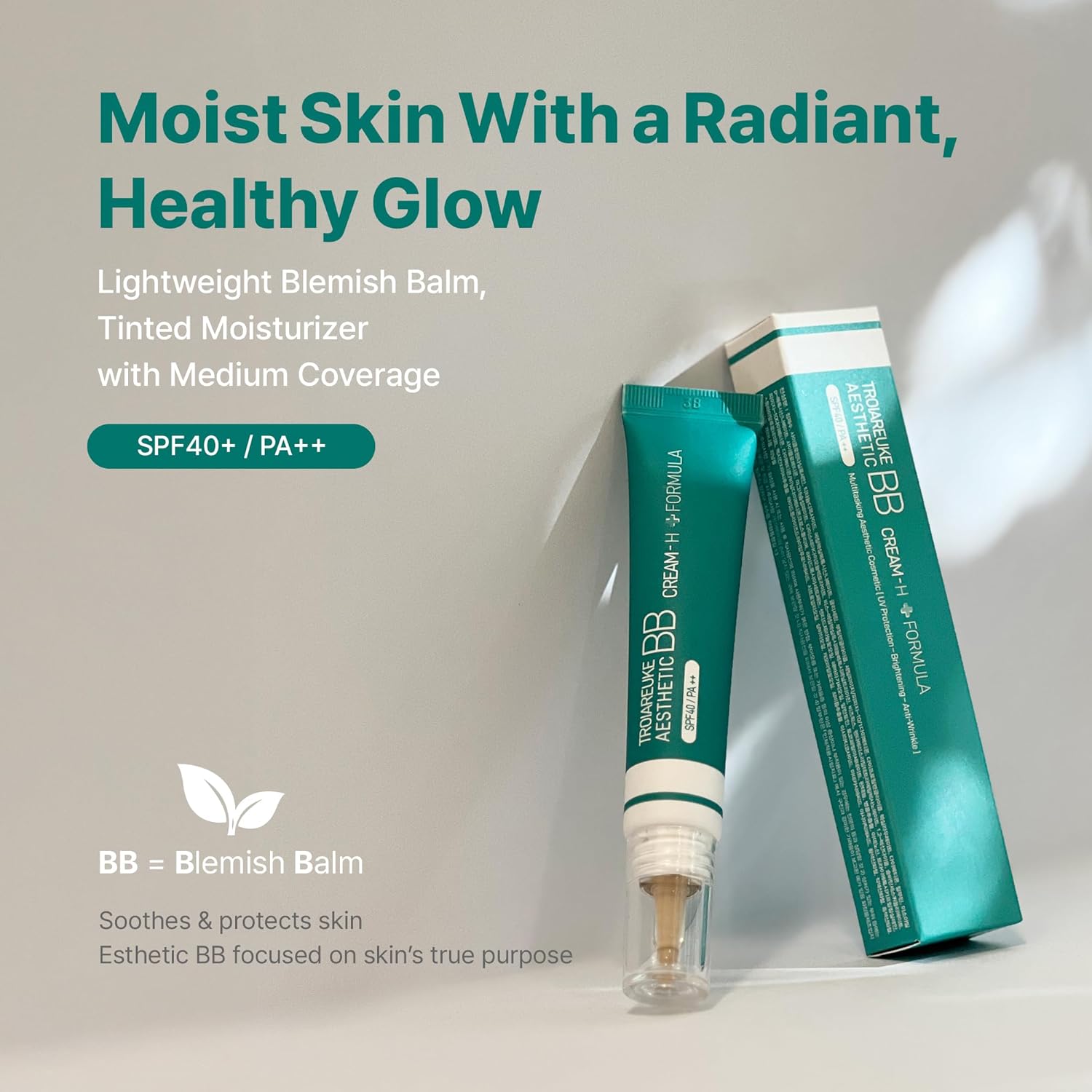 TROIAREUKE Aesthetic BB Cream H+ Formula SPF40+ PA++, Lightweight Blemish Balm, Tinted Moisturizer with Medium Coverage, Lasting Foundation Makeup Base for Dry Skin | Korean Beauty Makeup