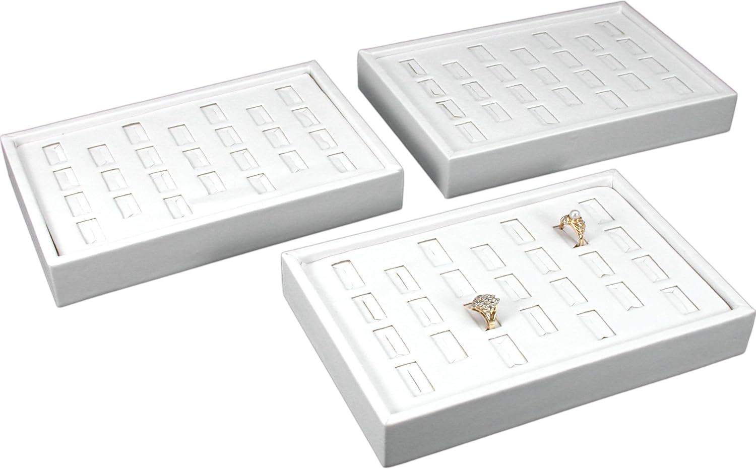 FindingKing 3 White Leather 25 Slot Ring Display Trays Jewelry Case