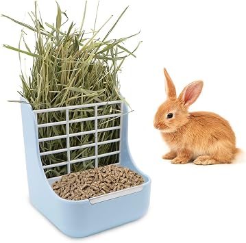 Litewoo Rabbit Hay Feeder Guinea Pig Feeder, 2 in 1 Automatic Small Animal Food Bowl Feeding Cage Accessories Blue