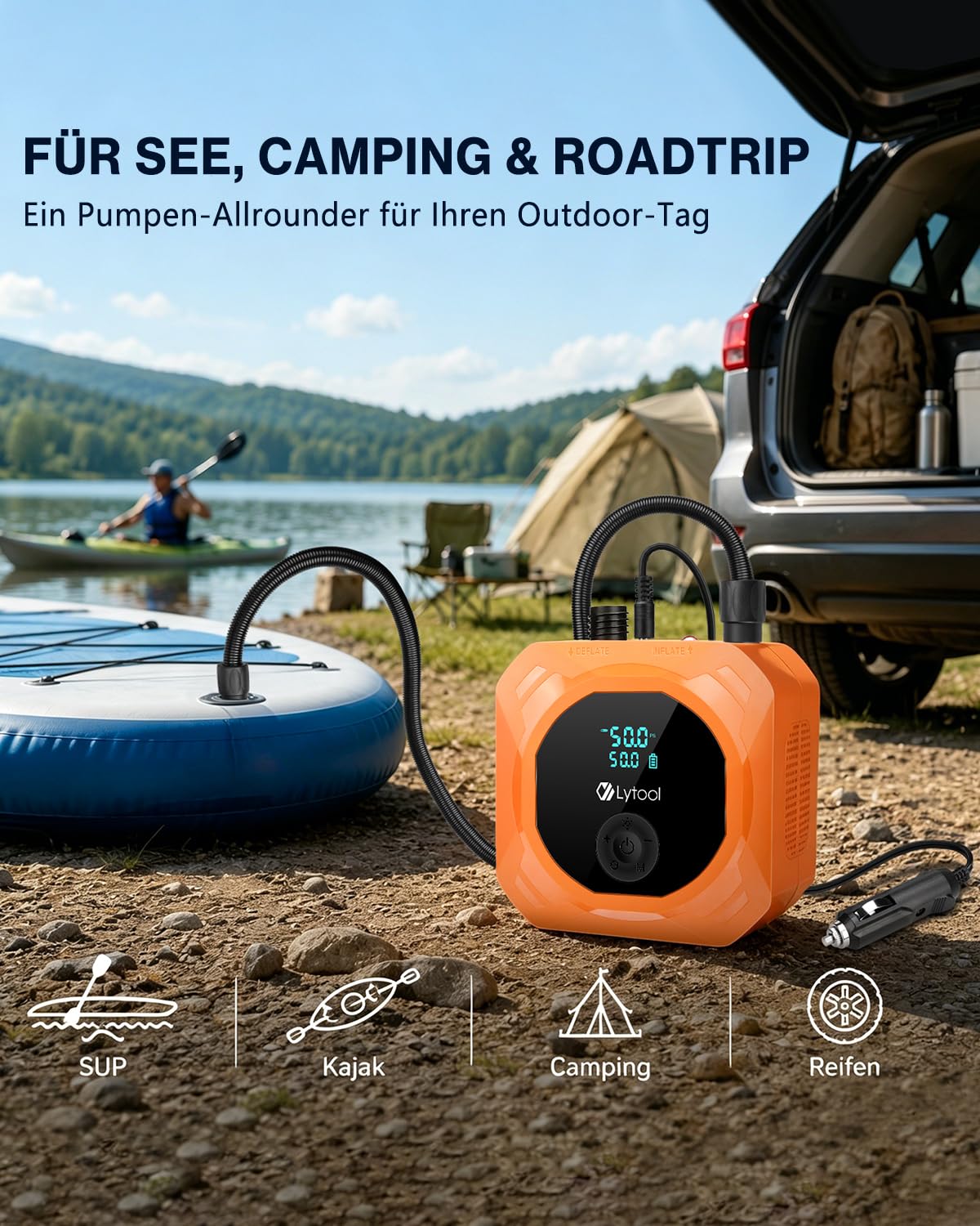 Elektrische SUP Pumpe (optional mit Akku / 12V KFZ-Anschluss) - Lytool 50 PSI Hochdruck Kombi-Luftpumpe mit Auto-Off für Stand Up Paddle Boards, Boote, Kajaks, Auto- und Fahrradreifen