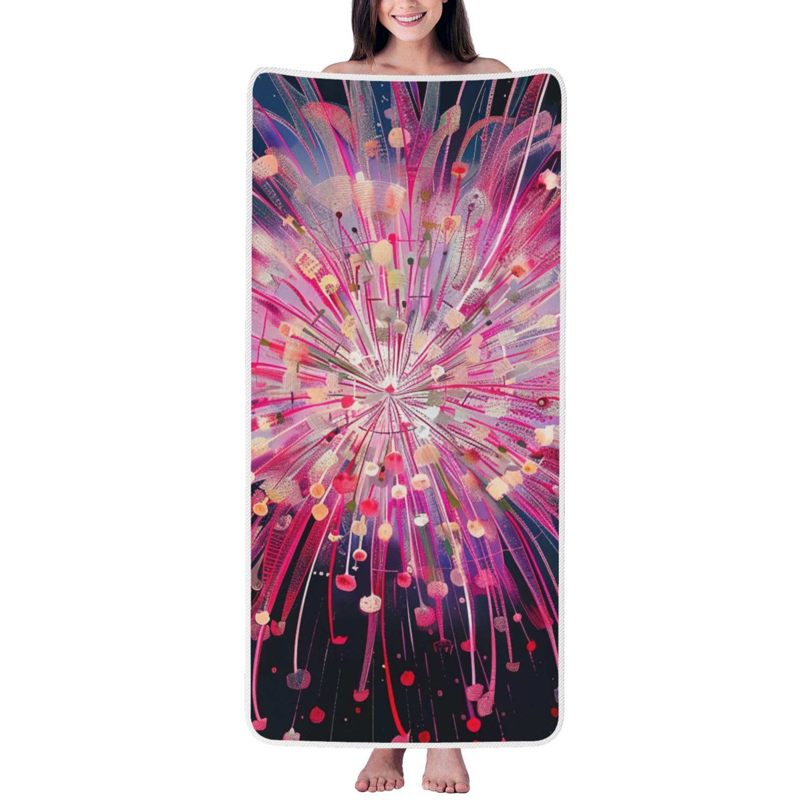 WPKJU Fireworks Art Printed Bath Towel with White Edging - 27x55 in Soft Extra Absorbent Coral Velvet Shower Towels for Bathroom