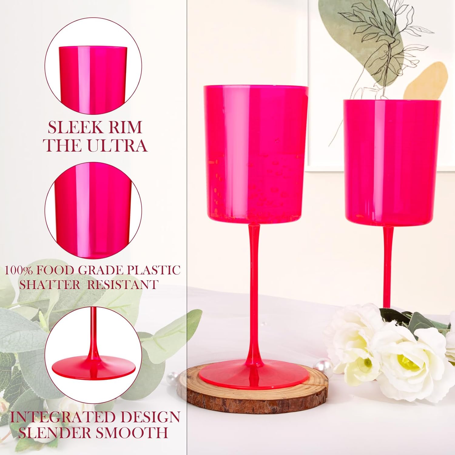Ciaell 12 Pack Plastic Wine Glasses - 14Oz Hot Pink Plastic Wine Glasses With Stem - Disposable Stemmed Cups for Parties & Weddings & Valentine's Day - Image 5