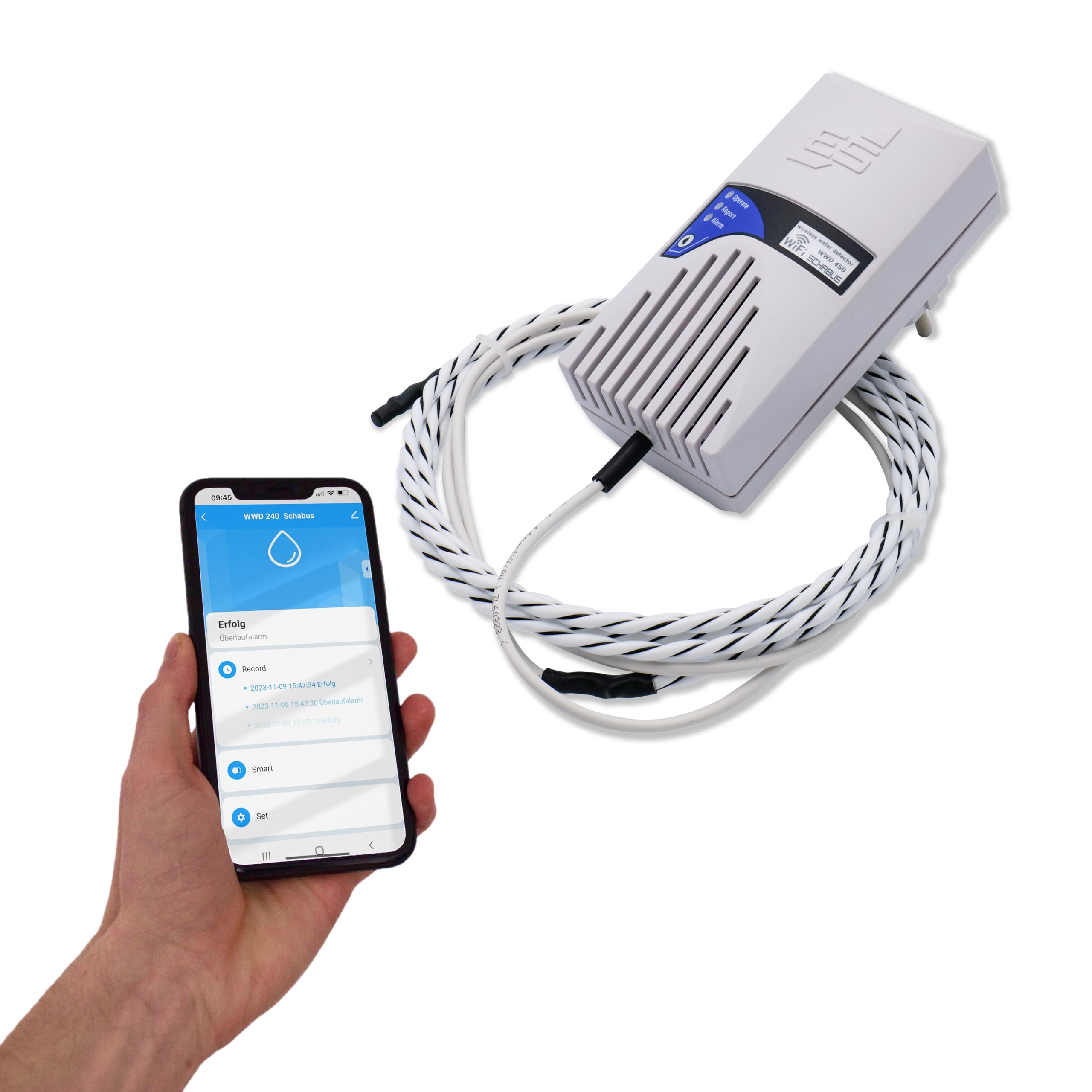 Schabus Smart-Wassermelder WWD 450 mit Sensorkabel (230V, Schuko) | Push-Nachricht via Smart-Life-App, Leckage/Wasserschutz, Für Keller, Bad, Küche, Aquarium