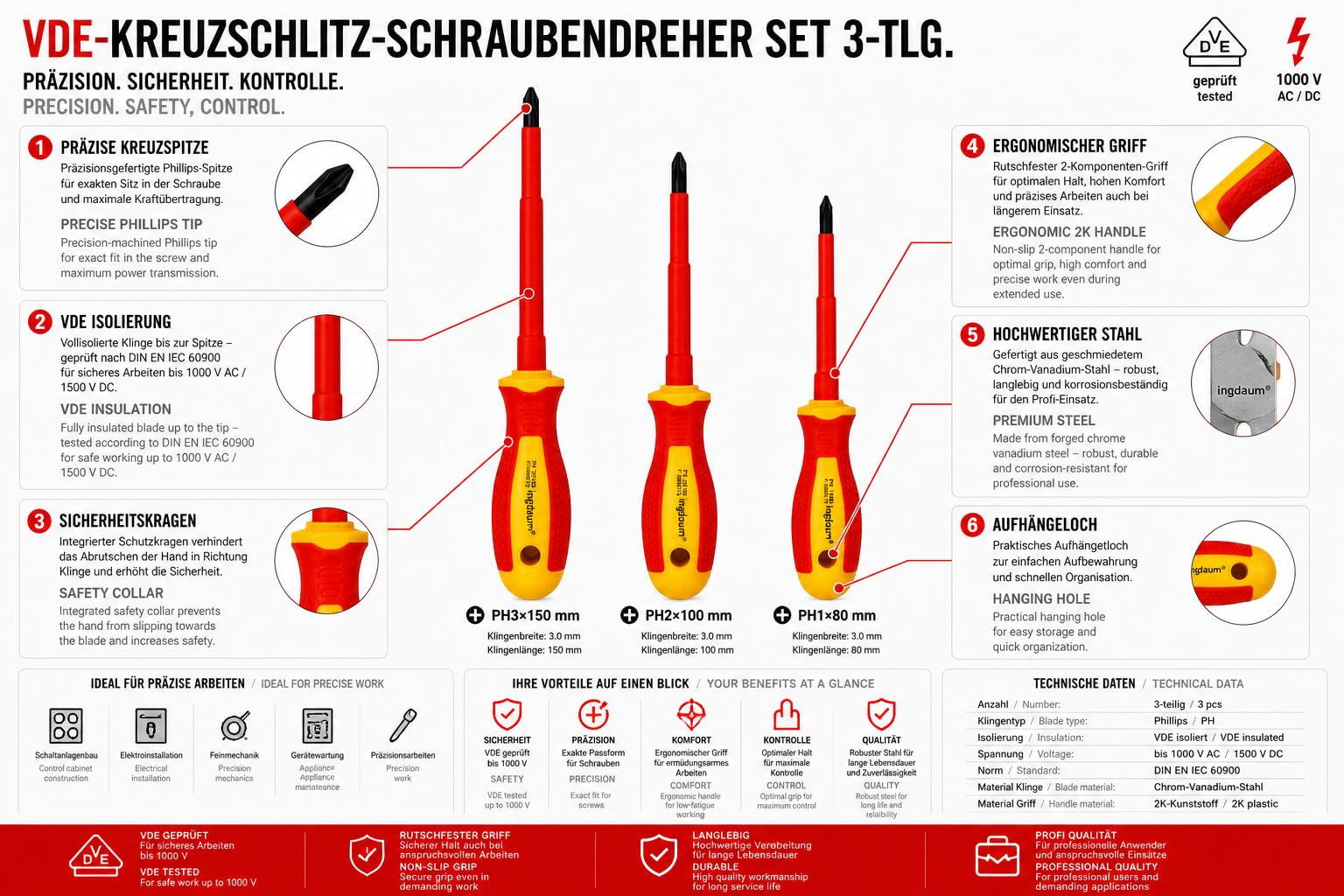 VDE-Kreuzschlitzschraubendreher PH, 1000 V isoliert, PH1, PH2 & PH3 | Geprüft nach VDE / IEC, Für Elektroinstallation, Elektriker Schraubendreher, Einzeln oder im Set