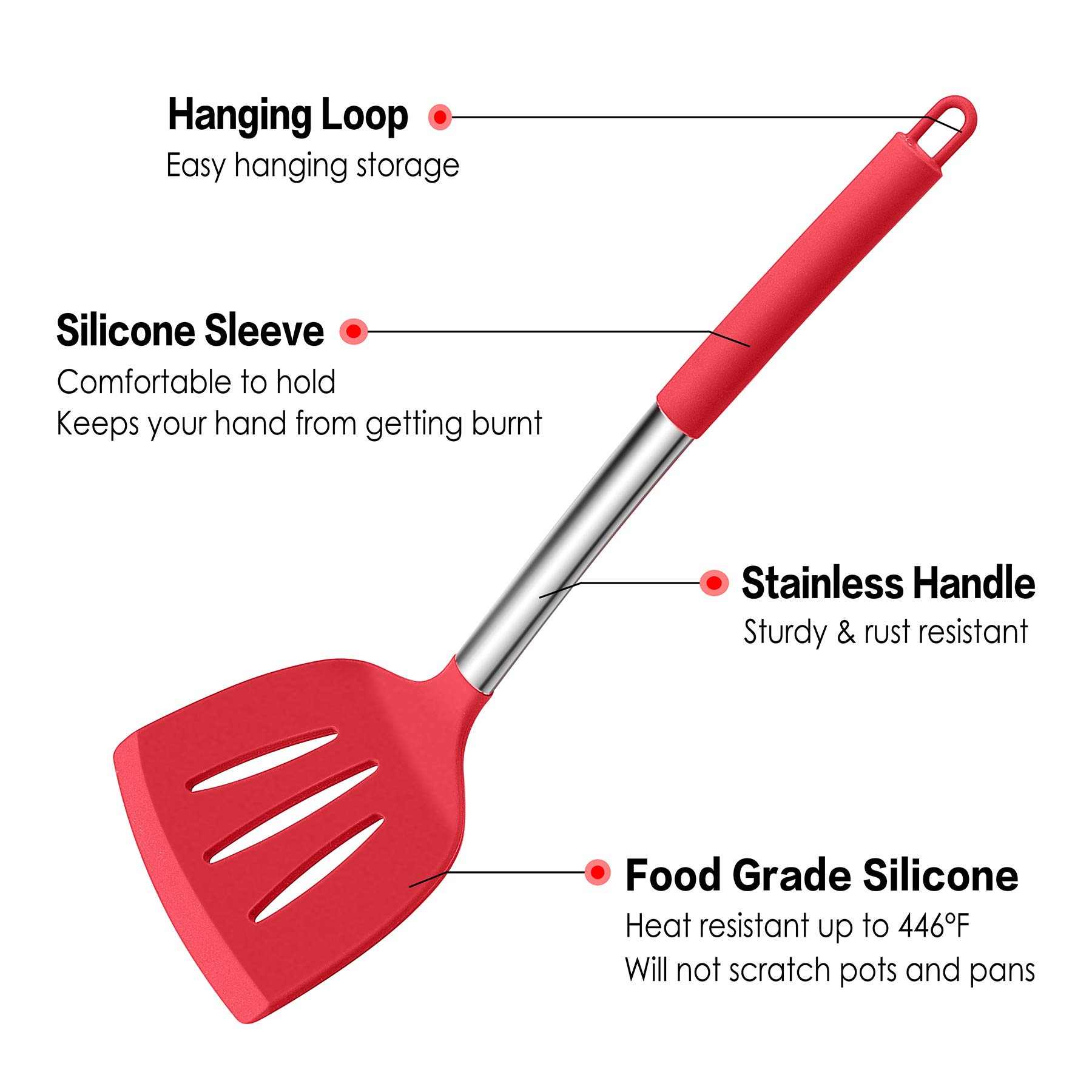 LIANYU Set di utensili da cucina da 15 pezzi con supporto, strumenti da cucina in silicone manico in acciaio inossidabile, spatola scanalata, cucchiaio da cucina per cucinare, rosso