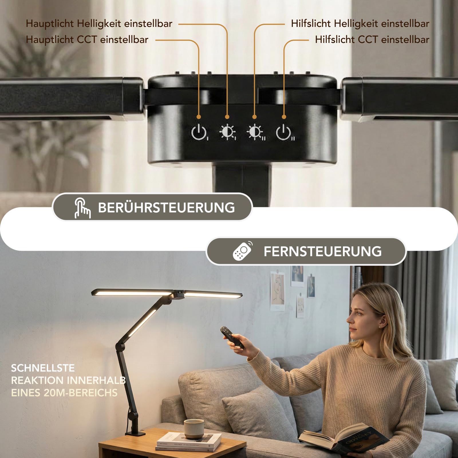 Tomshine LED Schreibtischlampe 24W Doppelkopf Klemmleuchte Dimmbar mit Fernbedienung, 272 LEDs 1500LM CRI 95+ Hell, 4 Farben Timer, Augenschonende Architektenlampe für Büro